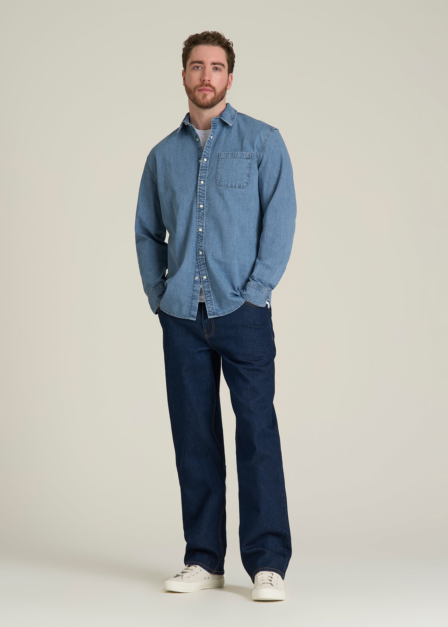 Classic Stretch Denim Shirt for Tall Men in Perfect Blue