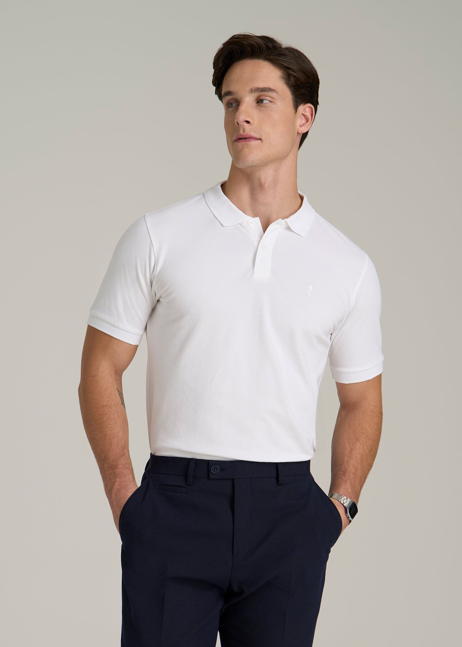 Classic Polo with Embroidered Logo for Tall Men in Bright White