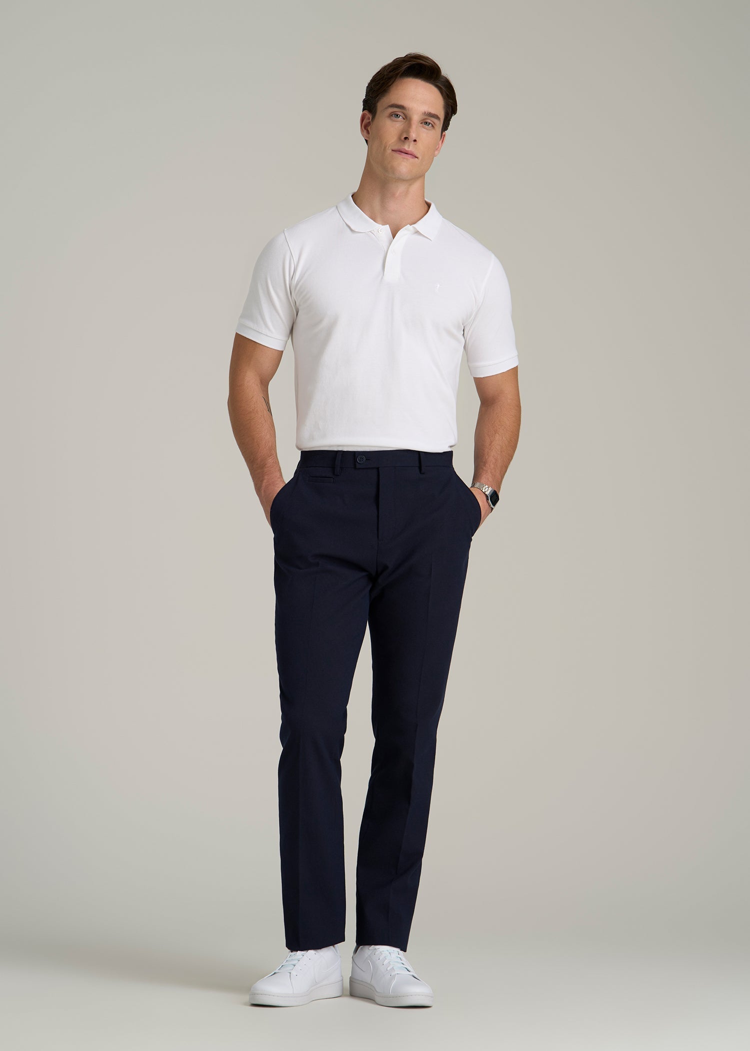 Classic Polo with Embroidered Logo for Tall Men in Bright White