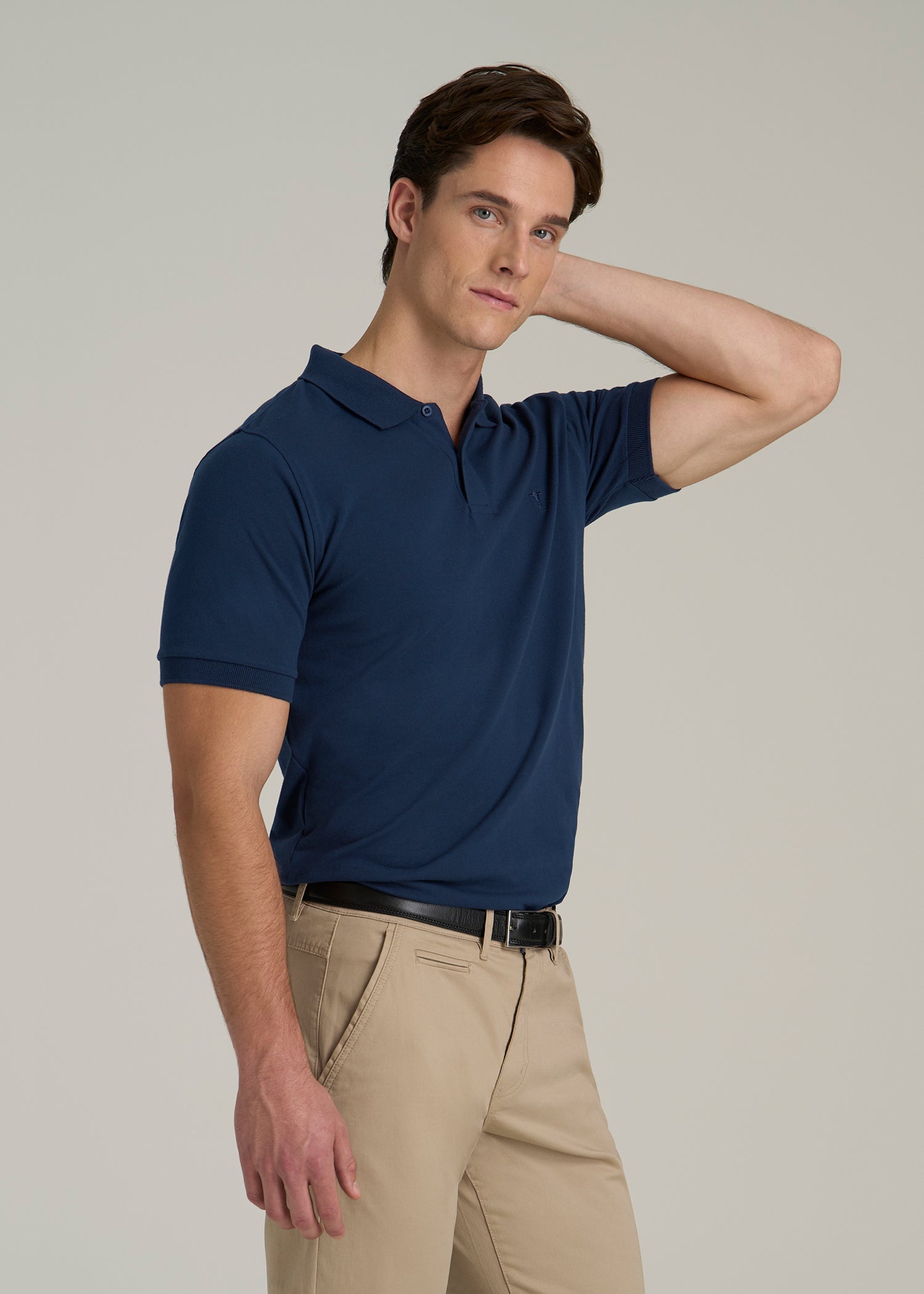Classic Polo with Embroidered Logo for Tall Men in Marine Navy