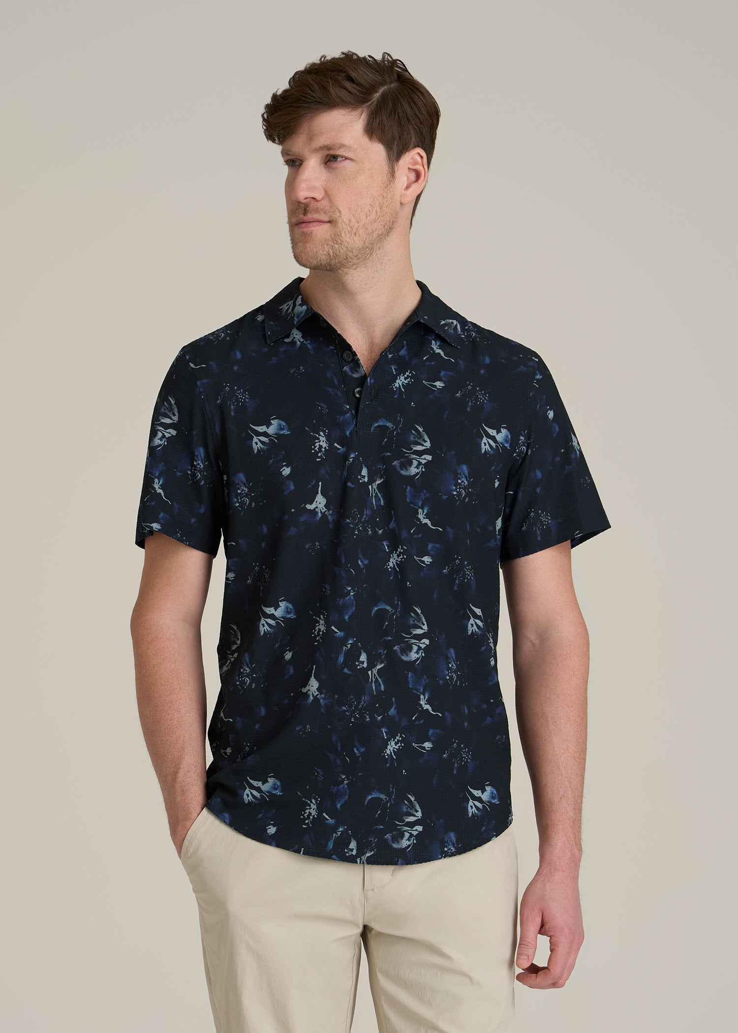 Coastal Perforated Polo Shirt for Tall Men in Black and Violet Floral