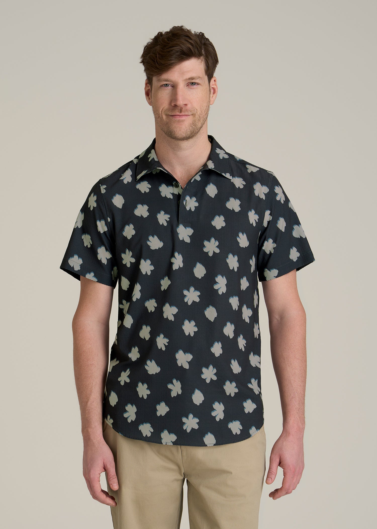 Coastal Perforated Polo Shirt for Tall Men in Navy and Bone Floral
