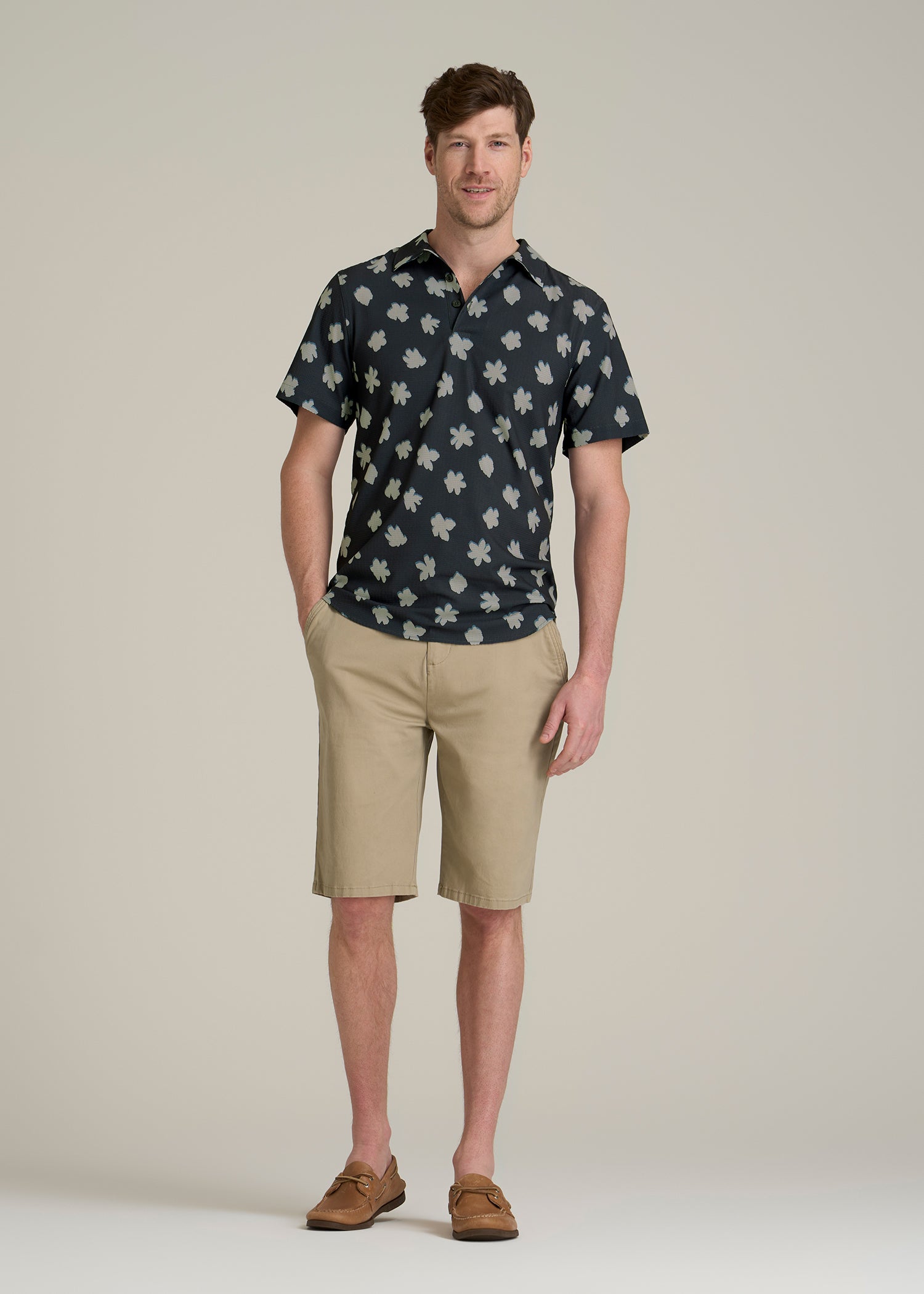 Coastal Perforated Polo Shirt for Tall Men in Navy and Bone Floral