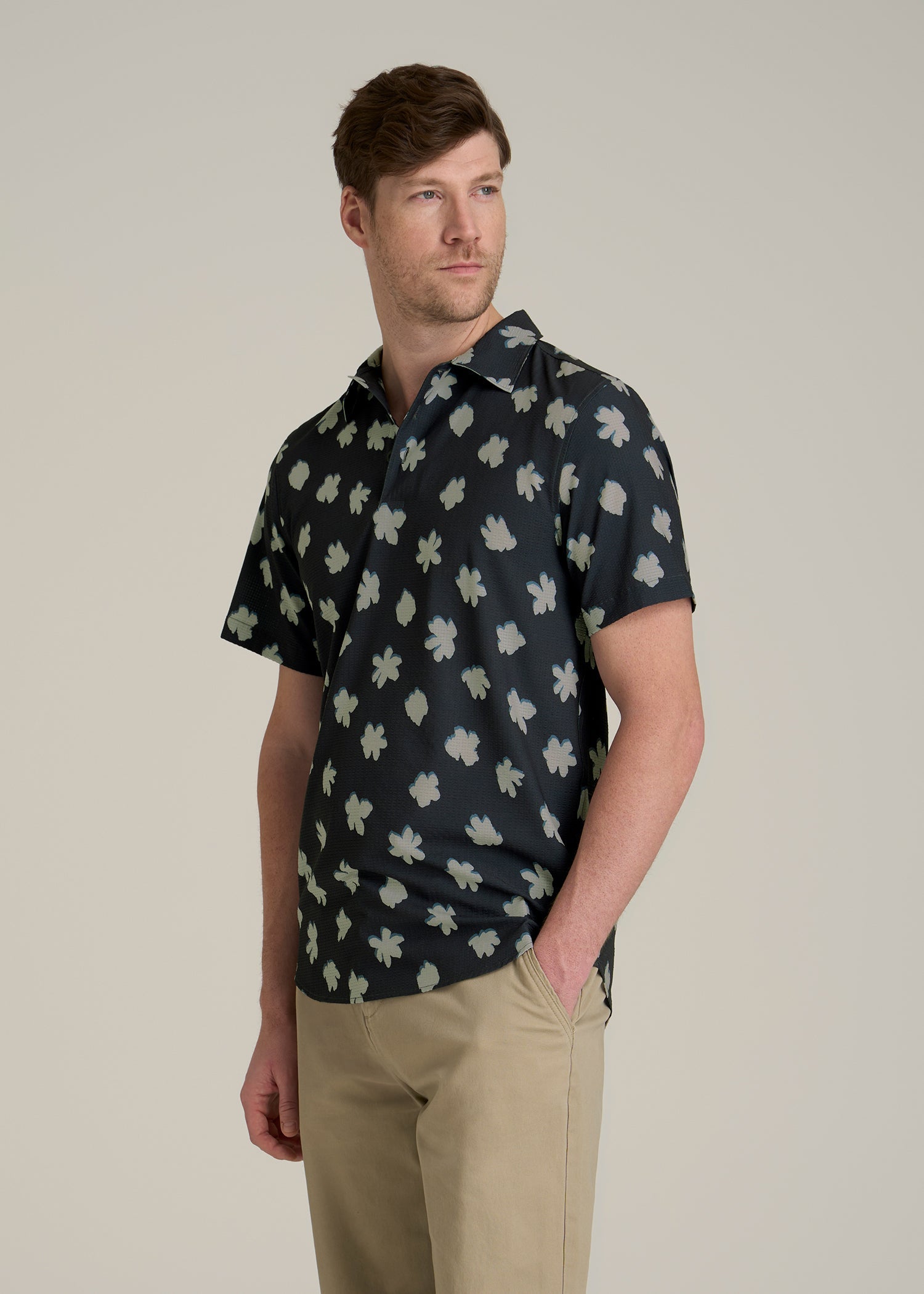 Coastal Perforated Polo Shirt for Tall Men in Navy and Bone Floral