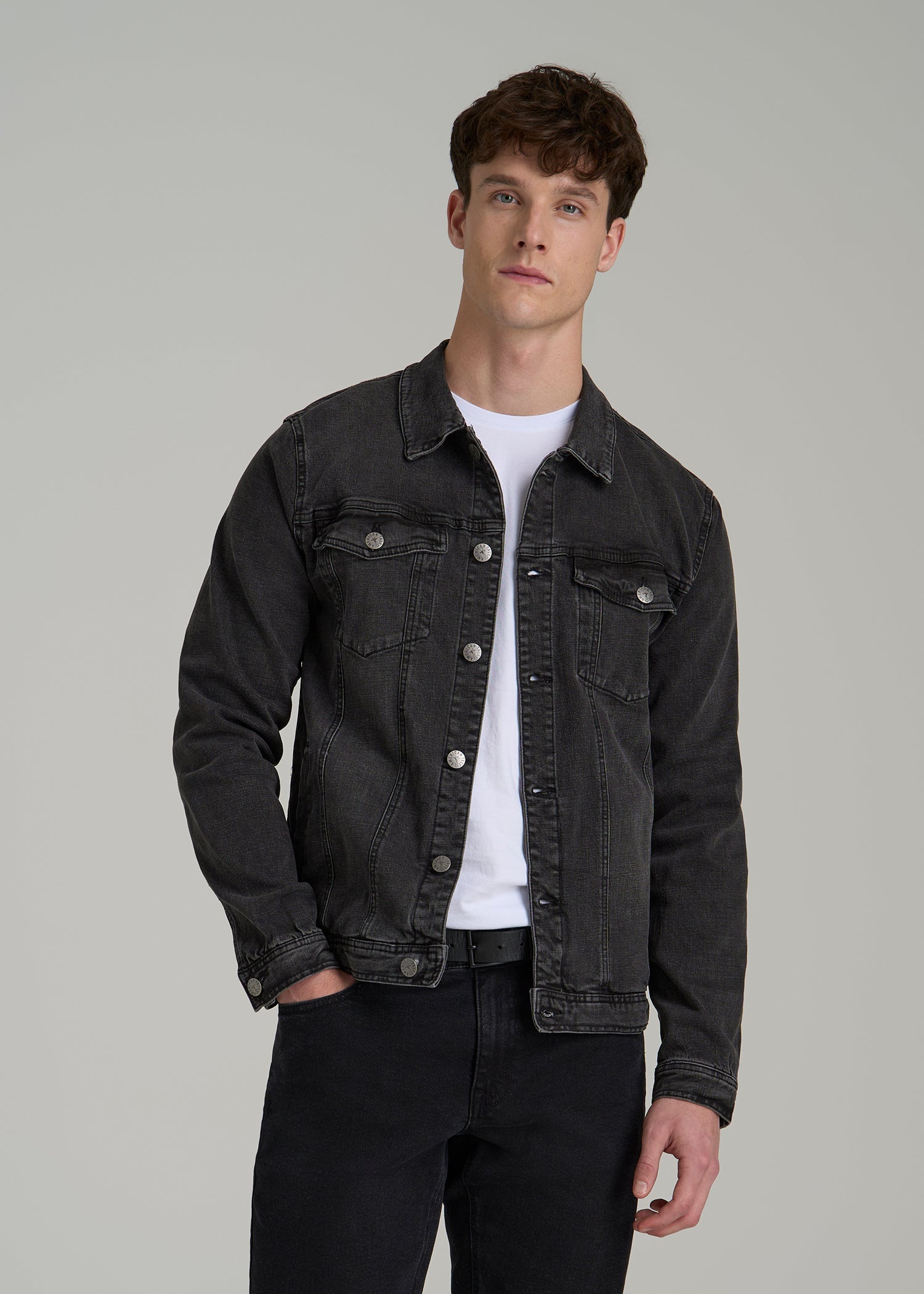 Denim Trucker Jacket for Tall Men in Washed Black