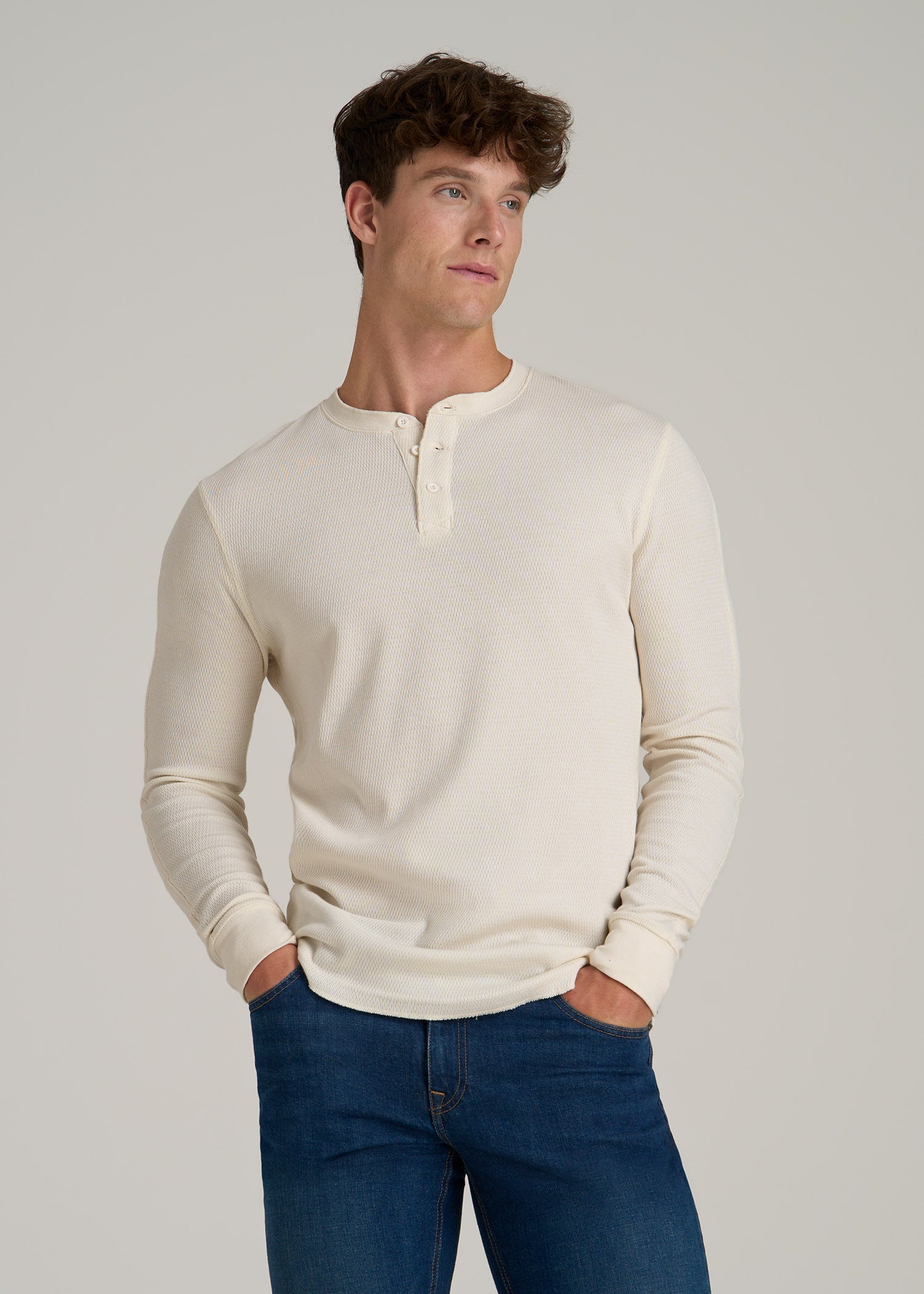 Double Honeycomb Thermal Long-Sleeve Henley Shirt for Tall Men in White Alyssum