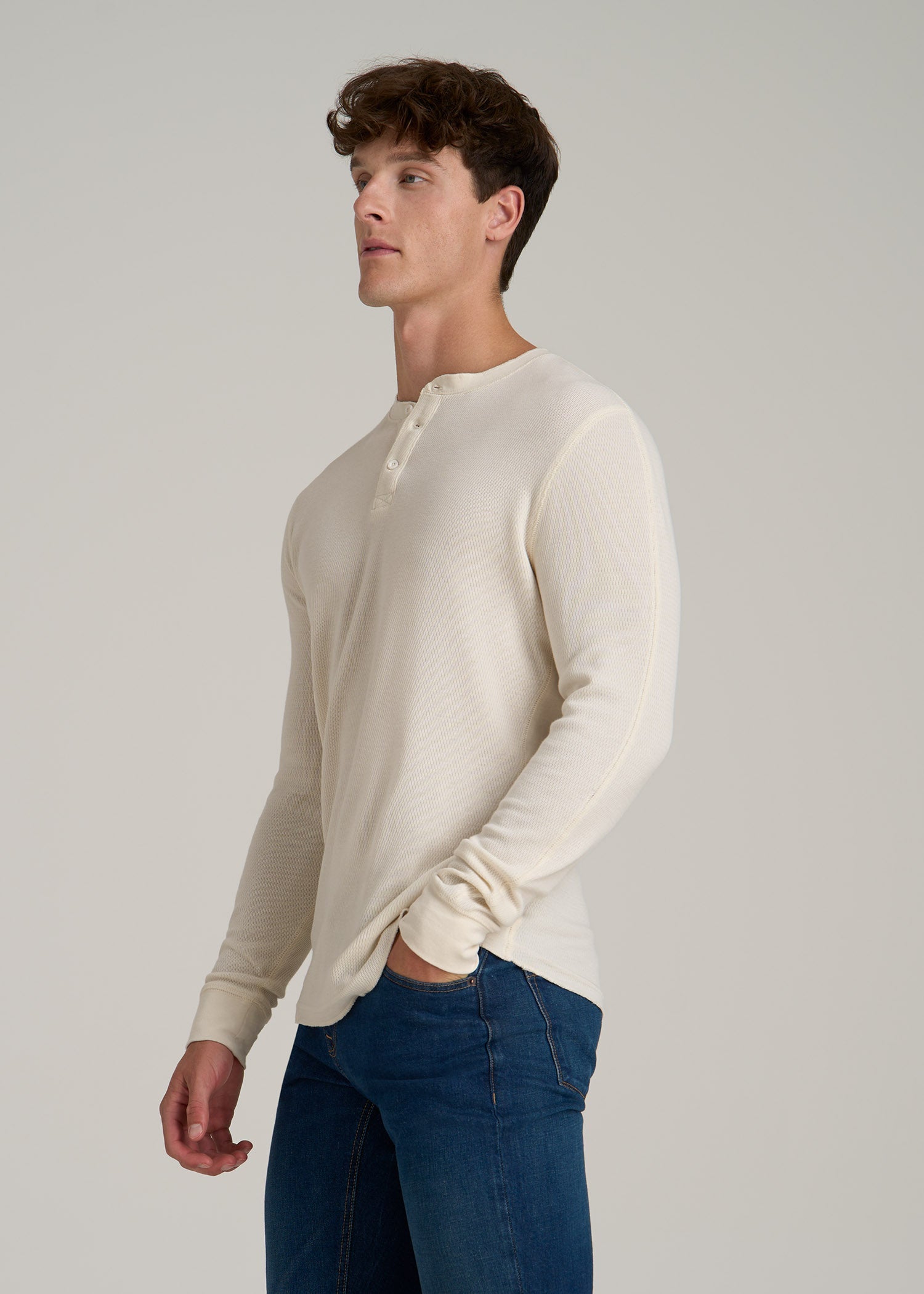 Double Honeycomb Thermal Long-Sleeve Henley Shirt for Tall Men in White Alyssum