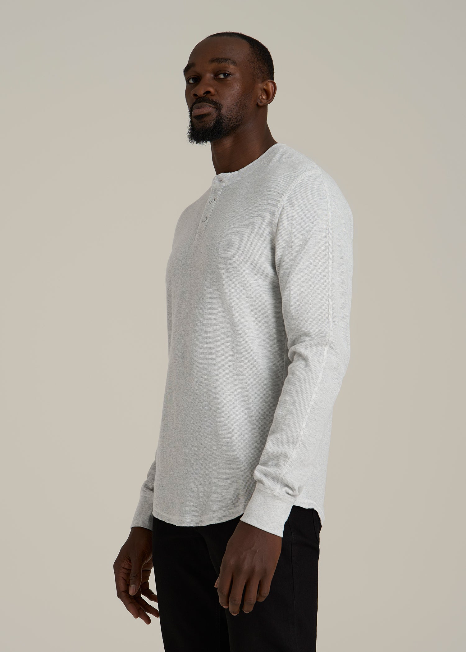 Double Honeycomb Thermal Long-Sleeve Henley Shirt for Tall Men in Light Heather Grey