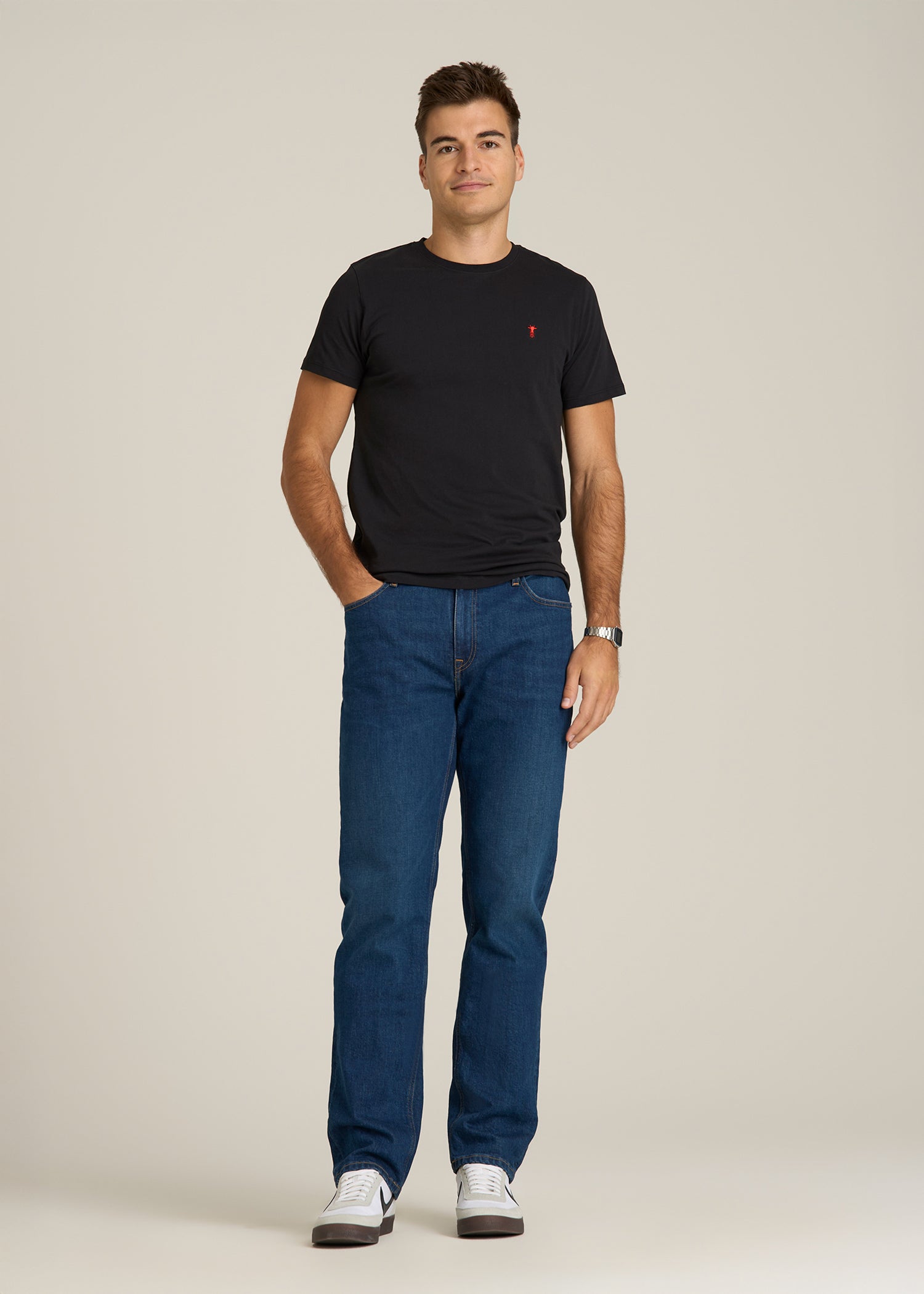 MODERN-FIT Embroidered Logo Crewneck T-Shirt for Tall Men in Black