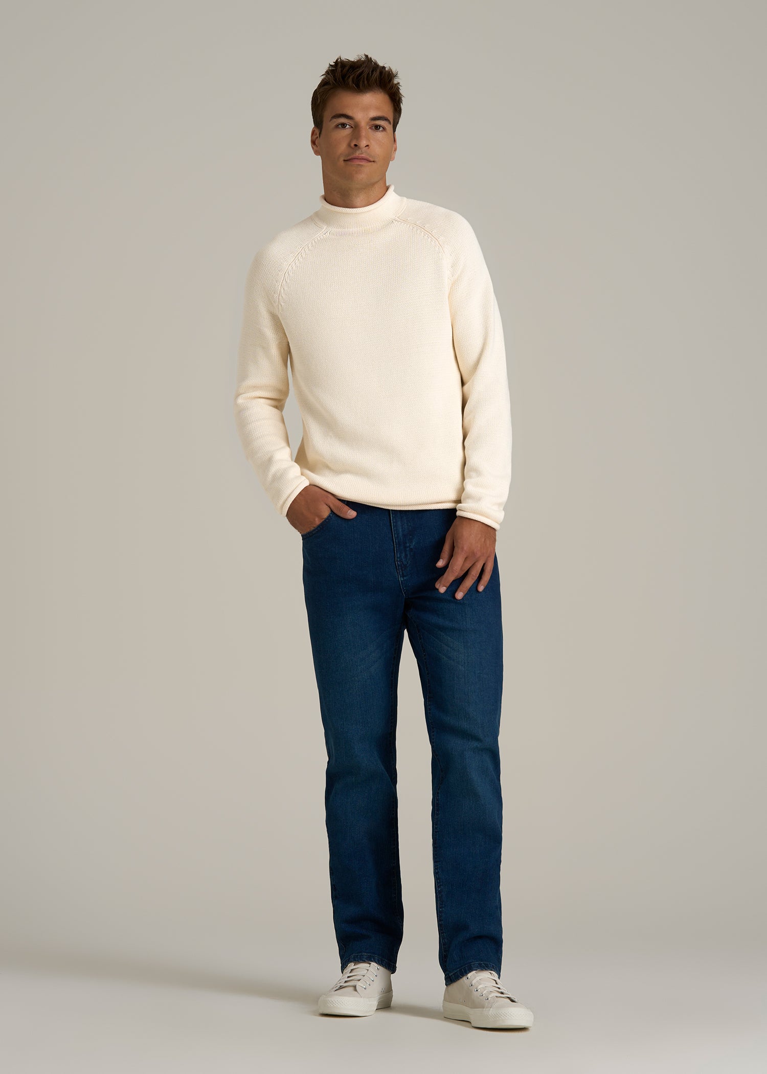 Fisherman Knit Rolled Mock Neck Sweater for Tall Men in Natural