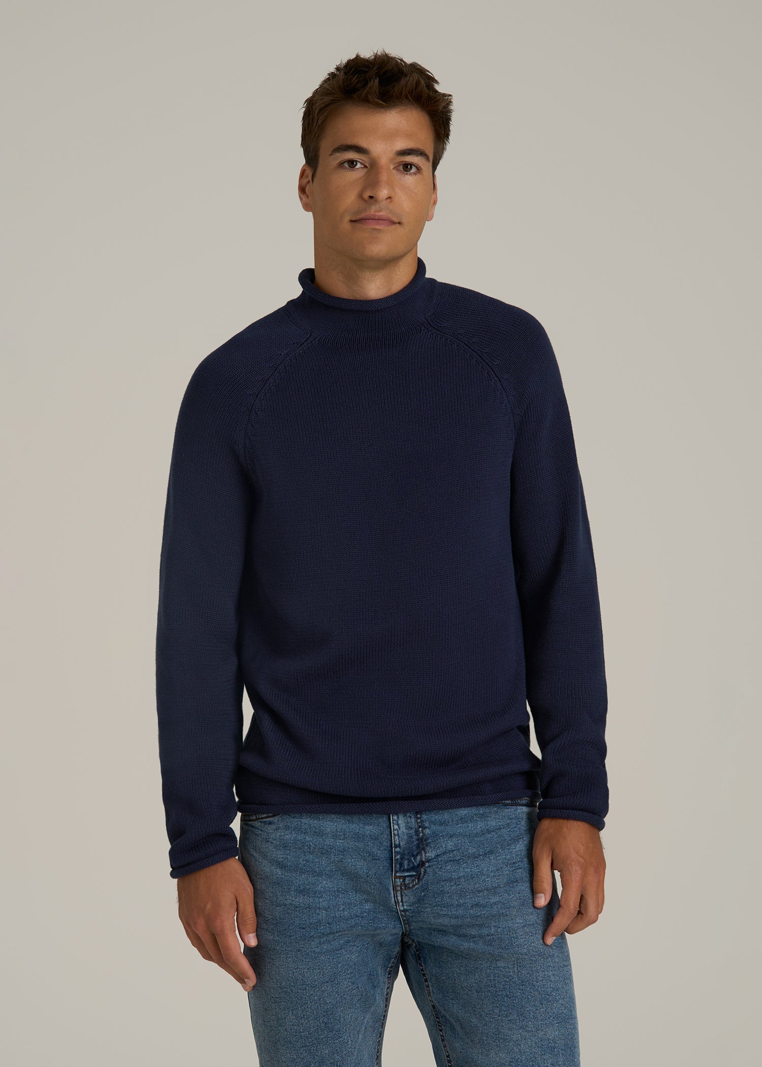 Fisherman Knit Rolled Mock Neck Sweater for Tall Men in Patriot Blue