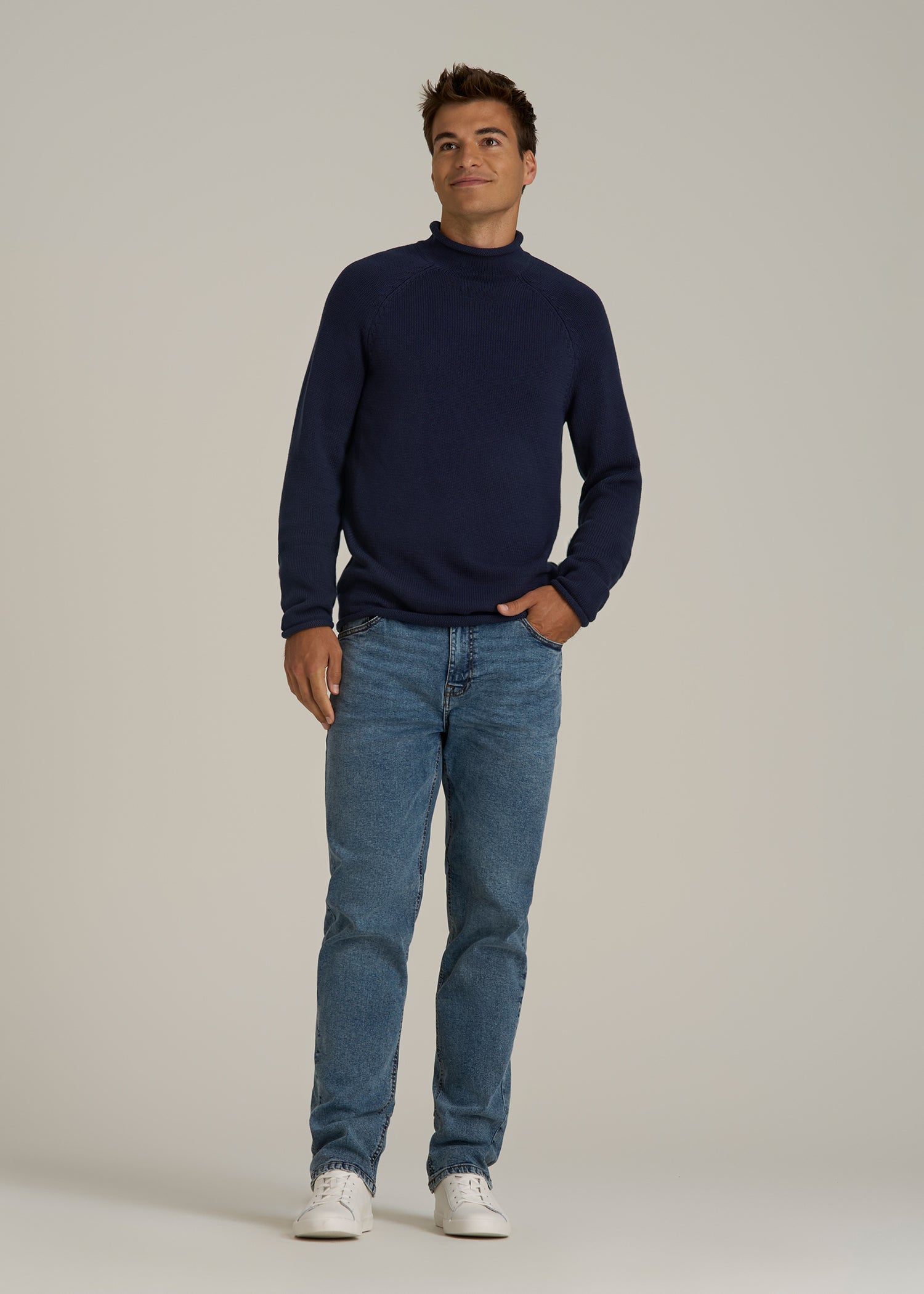 Fisherman Knit Rolled Mock Neck Sweater for Tall Men in Patriot Blue