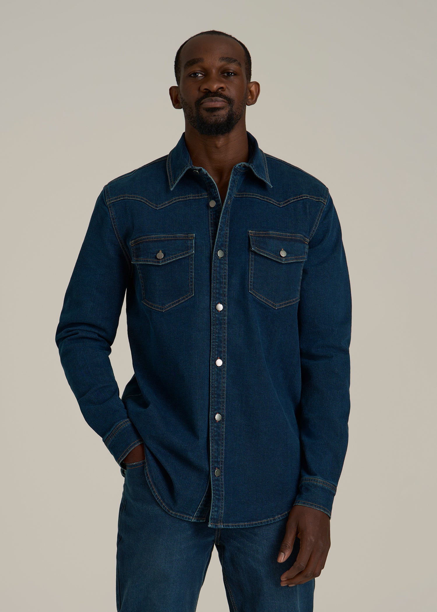 Western Denim Shirt for Tall Men in Indigo Dusk