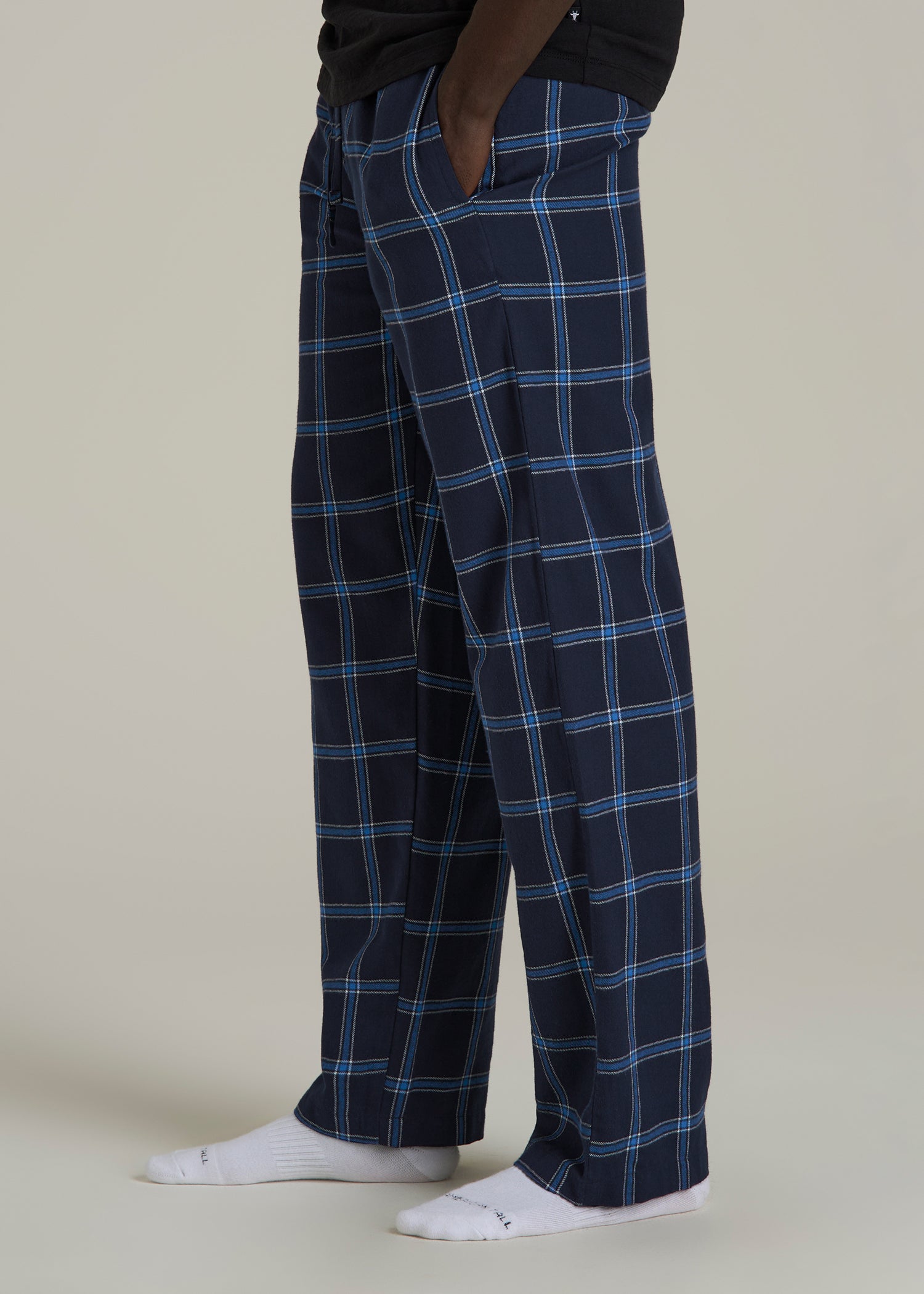 Flannel Pajama Pants for Tall Men in Navy and Blue Windowpane