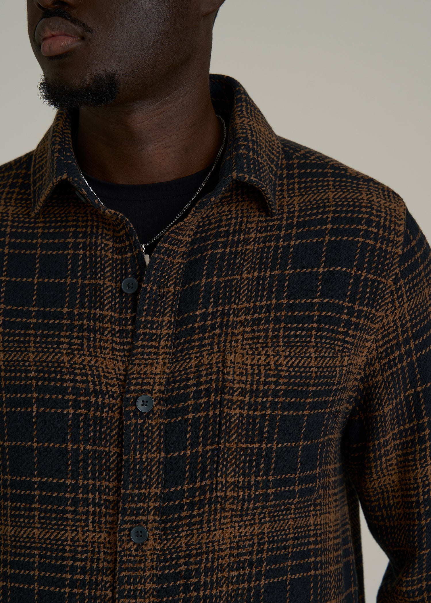 Lightweight Woven Overshirt for Tall Men in Black and Caramel Plaid