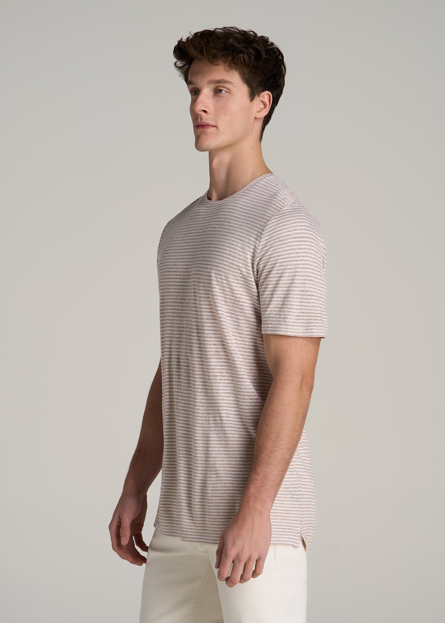 Linen Crewneck T-Shirt for Tall Men in Beige and White Stripe