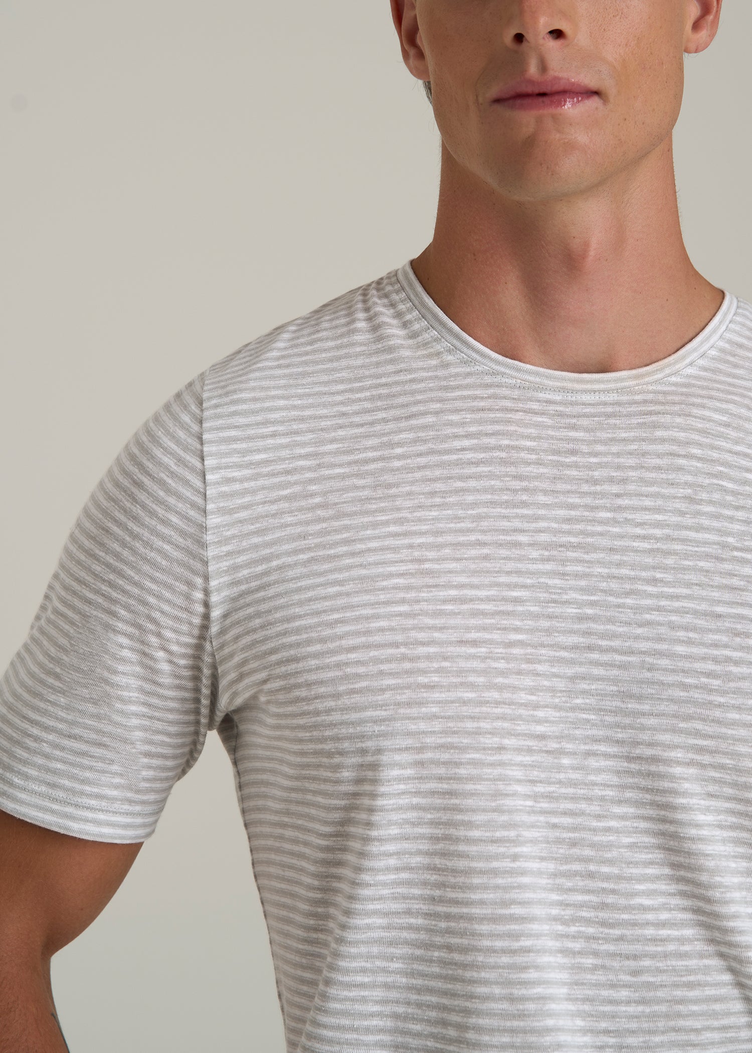 Linen Crewneck T-Shirt for Tall Men in Grey and White Mini Stripe