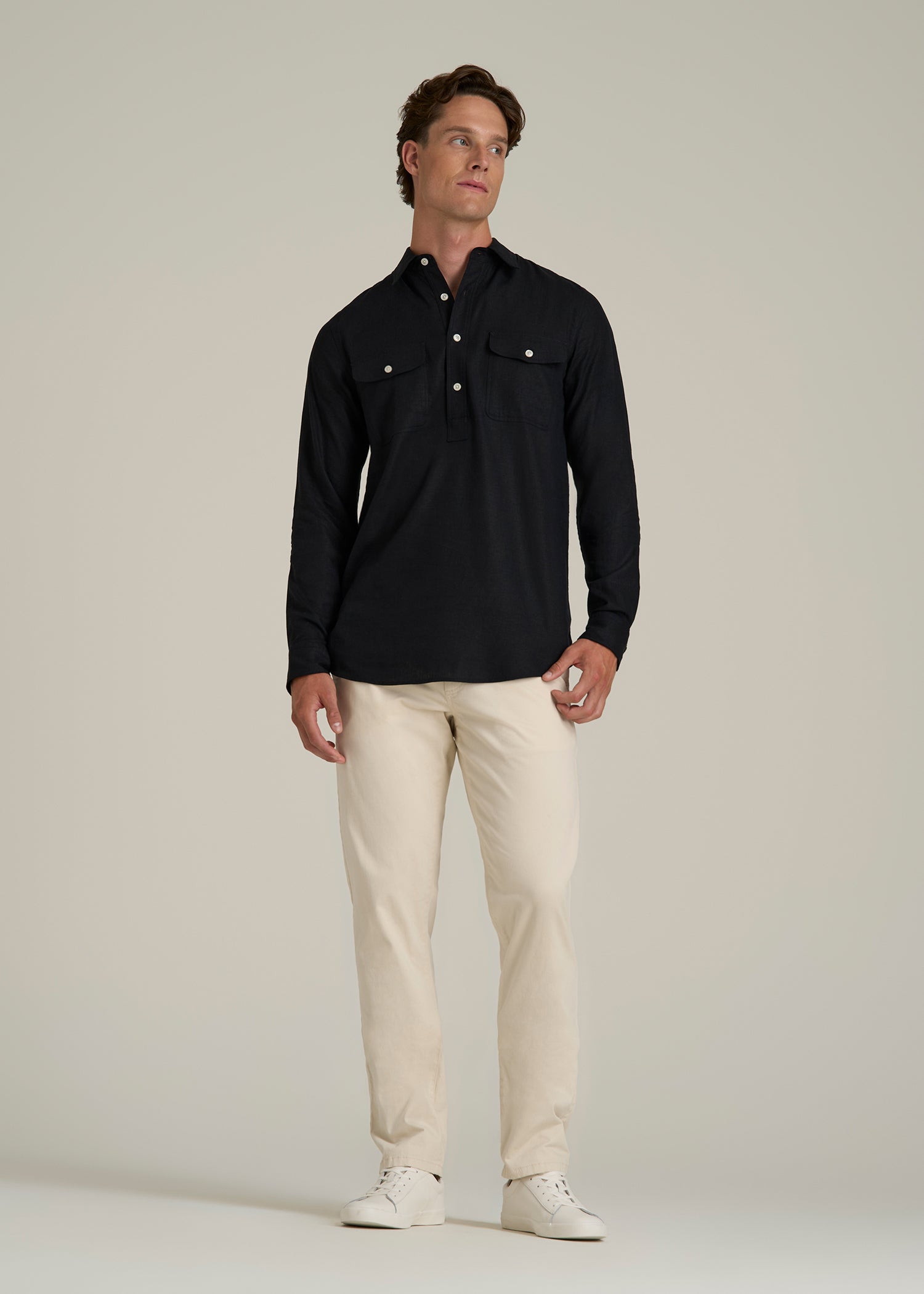 Linen Popover Shirt for Tall Men in Black