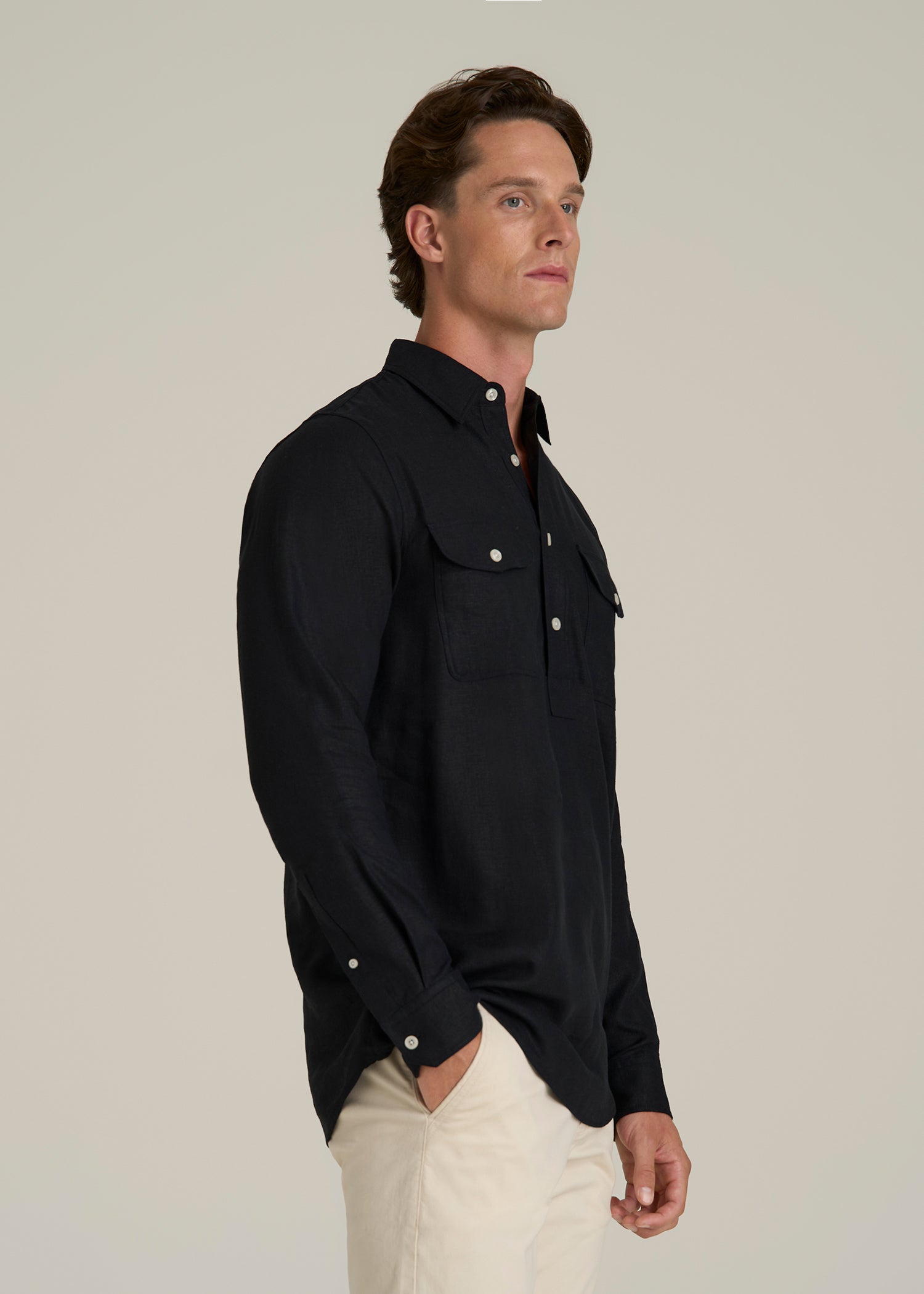 Linen Popover Shirt for Tall Men in Black