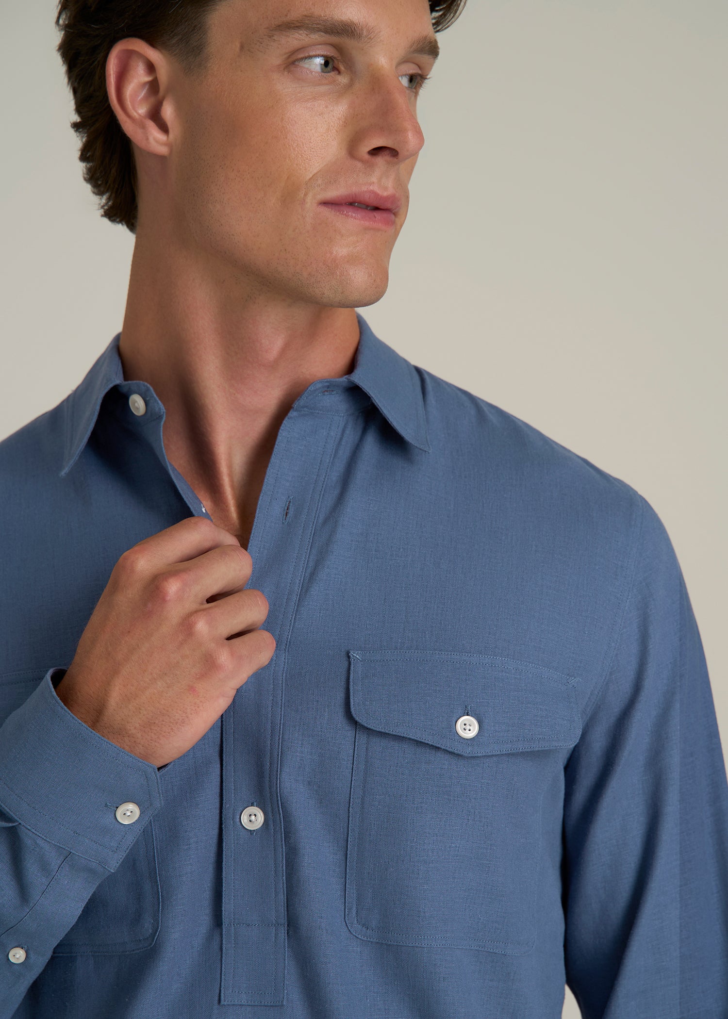 Linen Popover Shirt for Tall Men in Deep Cobalt
