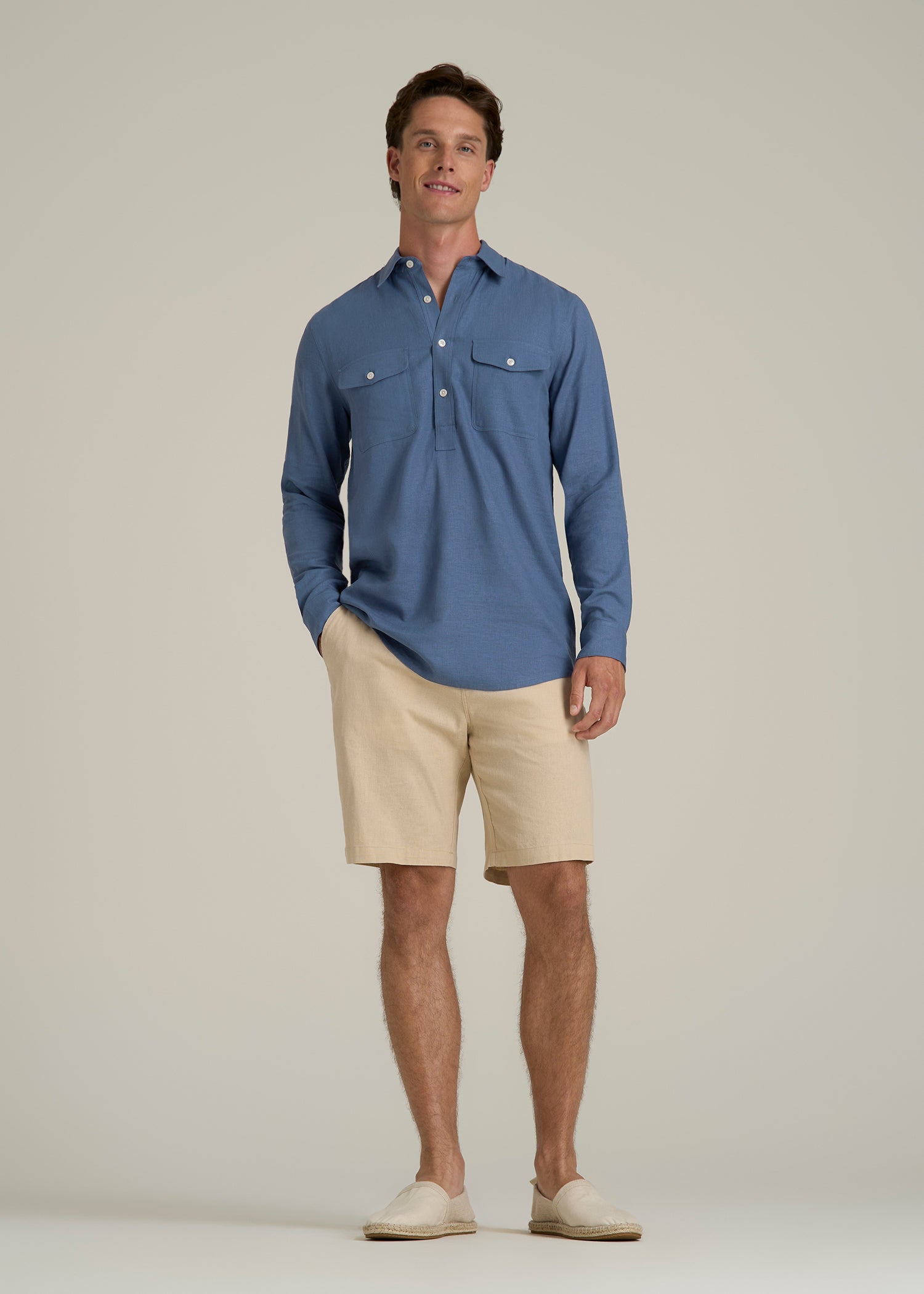 Linen Popover Shirt for Tall Men in Deep Cobalt