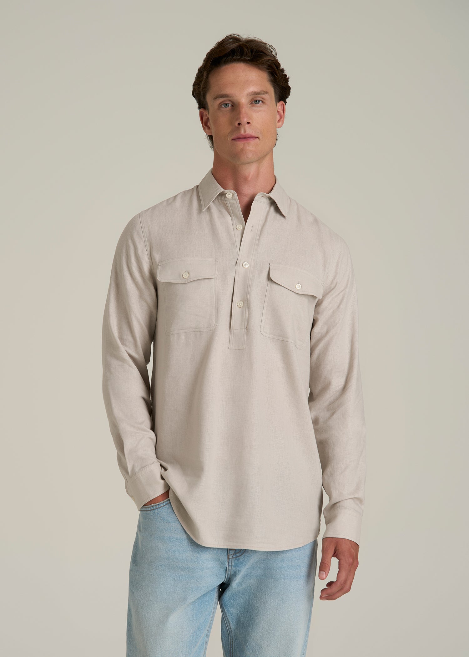 Linen Popover Shirt for Tall Men in Light Taupe
