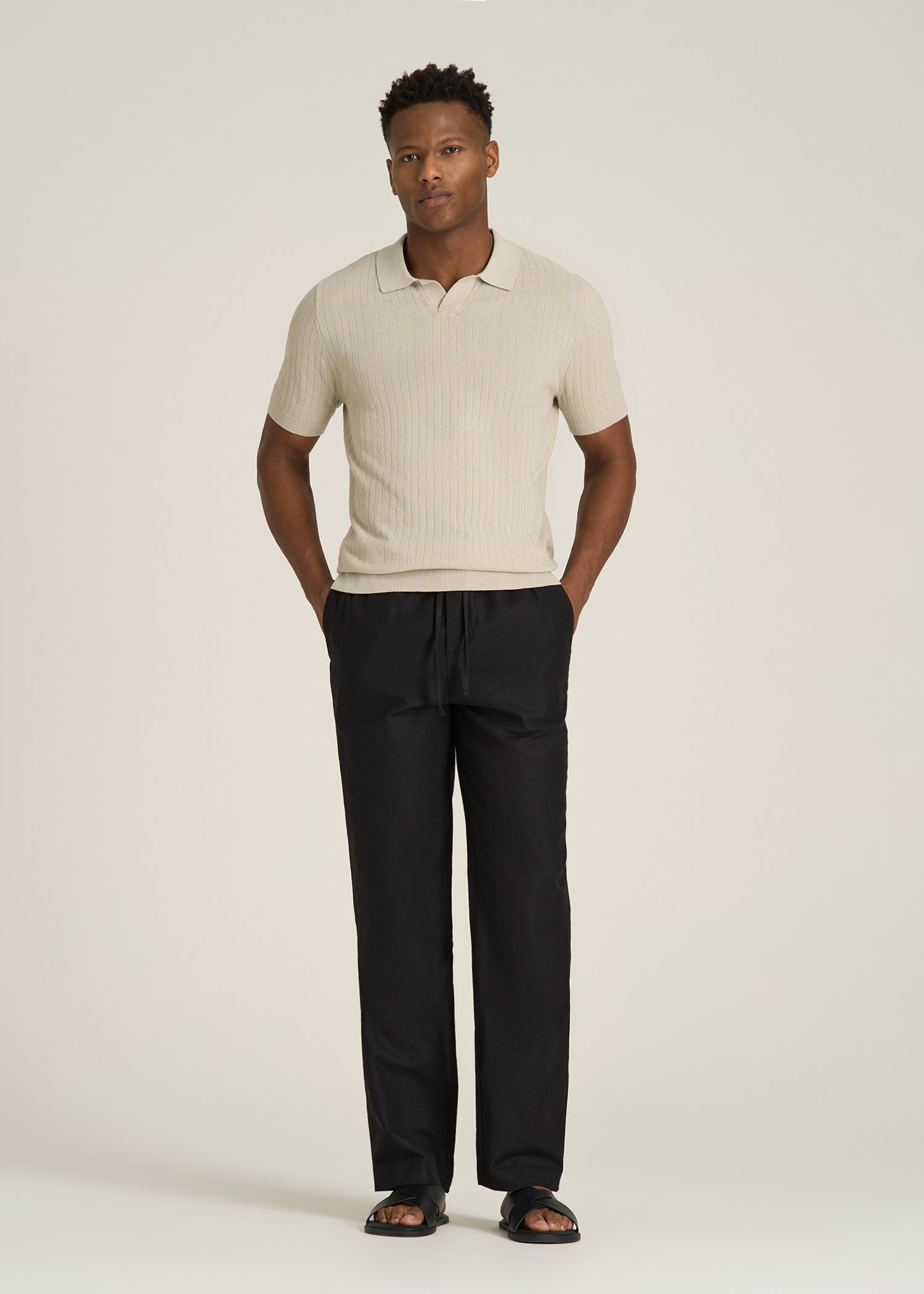 Stretch Cotton Linen Blend Pull-On Pants for Tall Men in Black