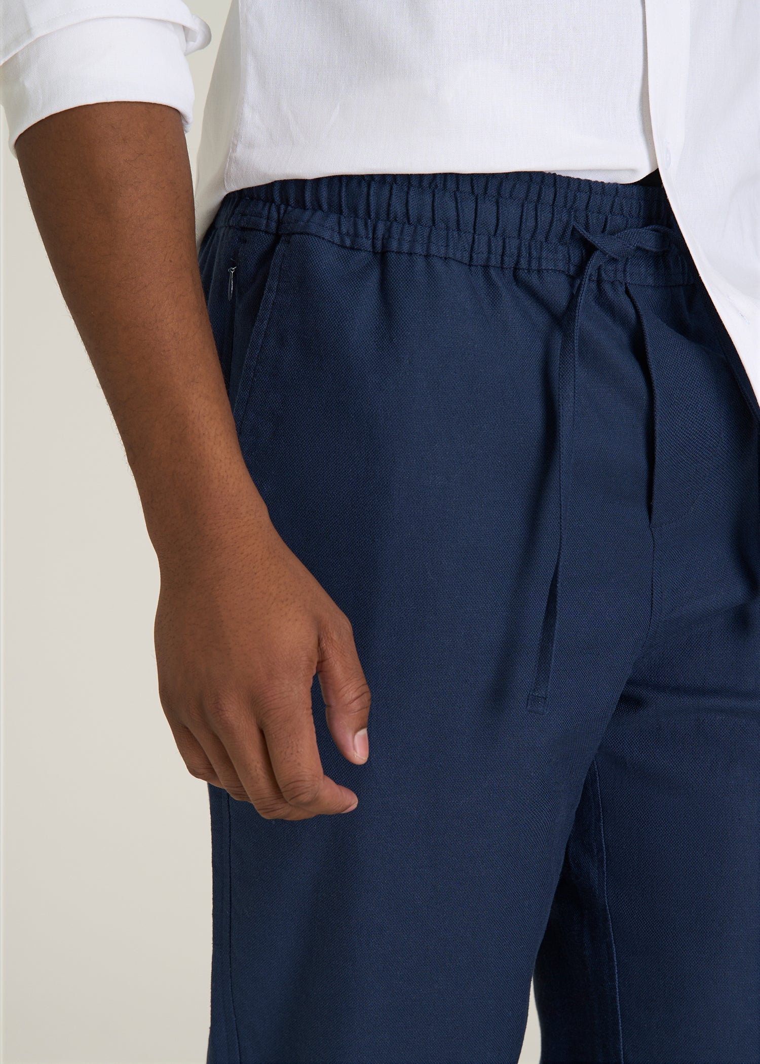 Stretch Cotton Linen Blend Pull-On Pants for Tall Men in Navy Blue