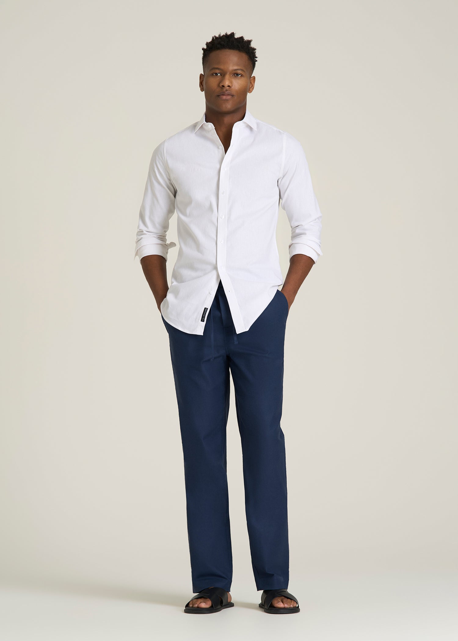 Stretch Cotton Linen Blend Pull-On Pants for Tall Men in Navy Blue