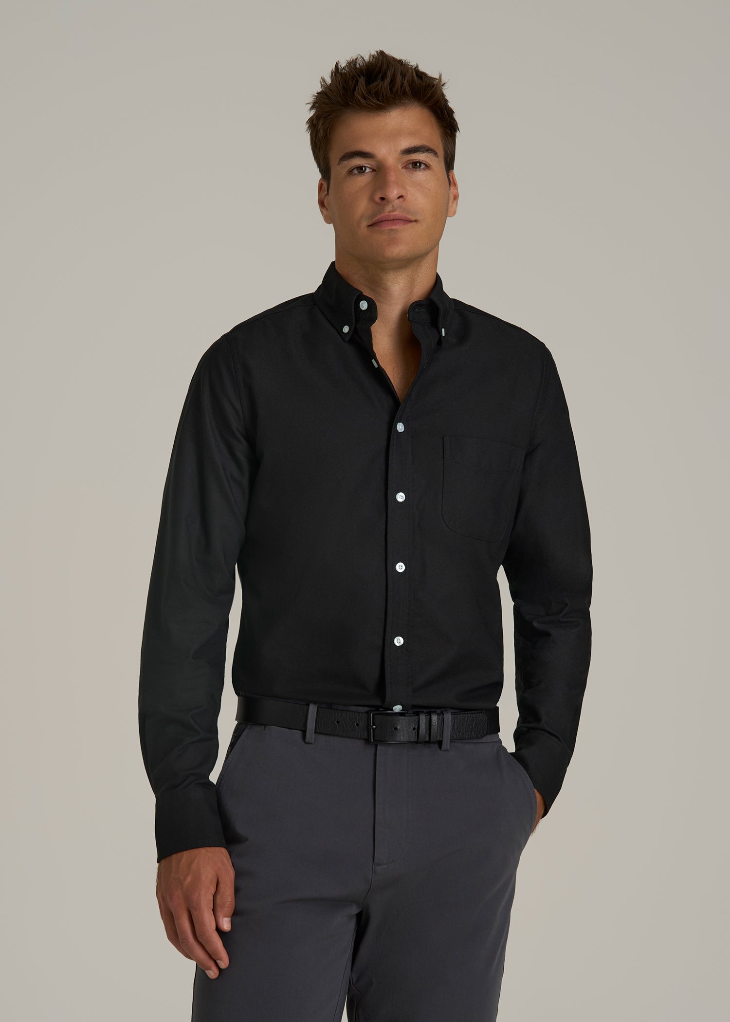 Oxford Cloth Button Down Shirt for Tall Men in Deep Black