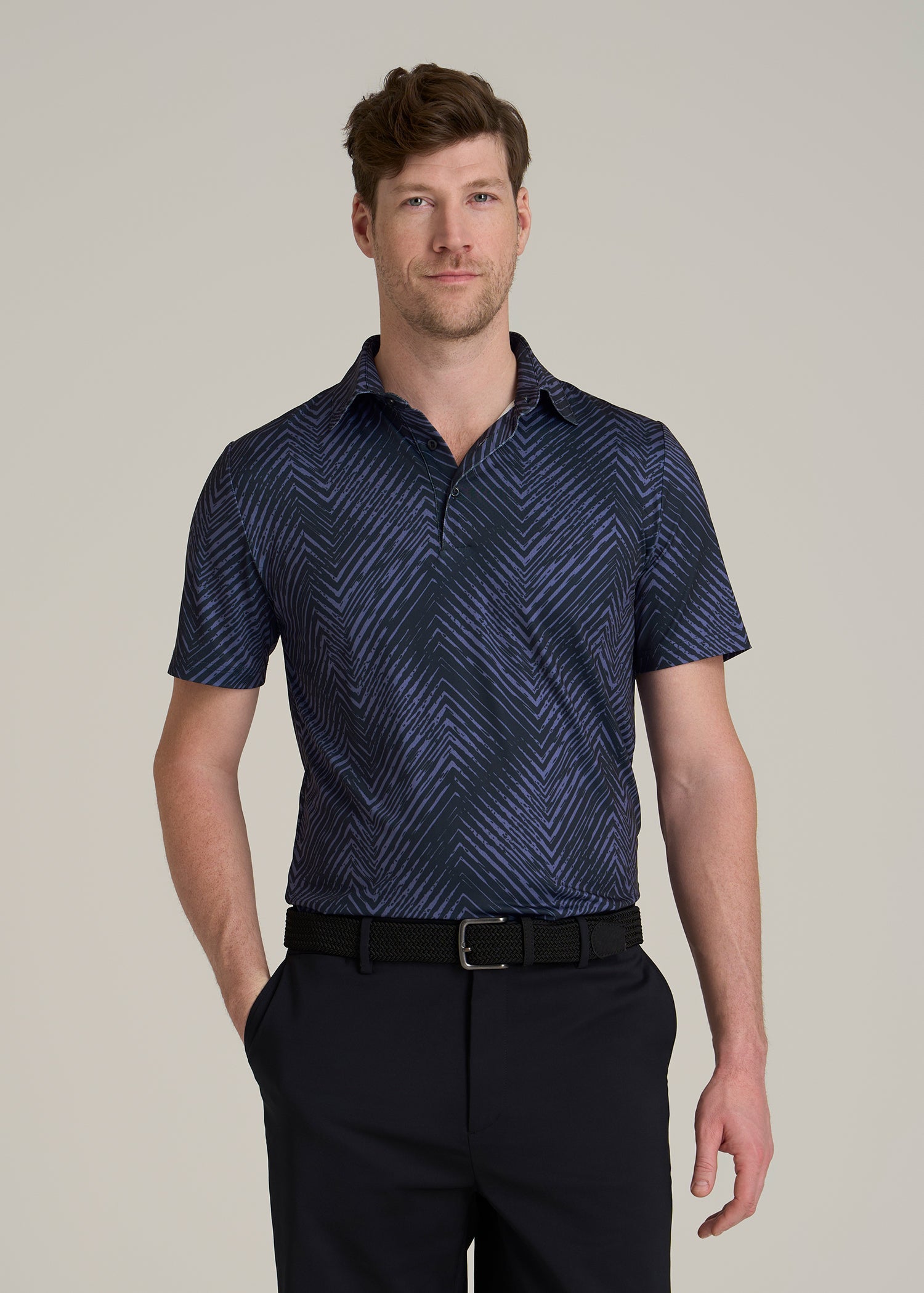 Golf Performance Polo Shirt for Tall Men in Future Dusk Chevron