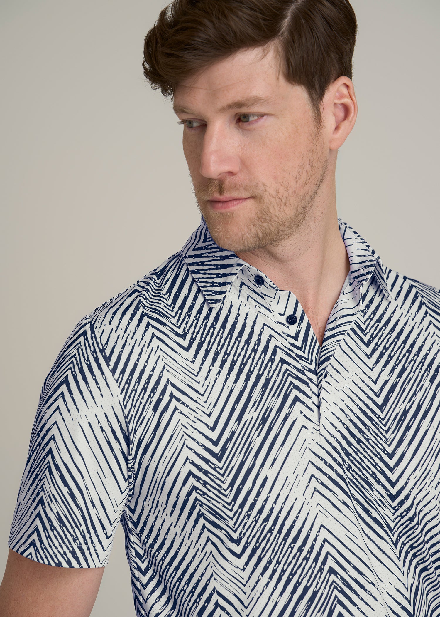 Golf Performance Polo Shirt for Tall Men in Navy Chevron