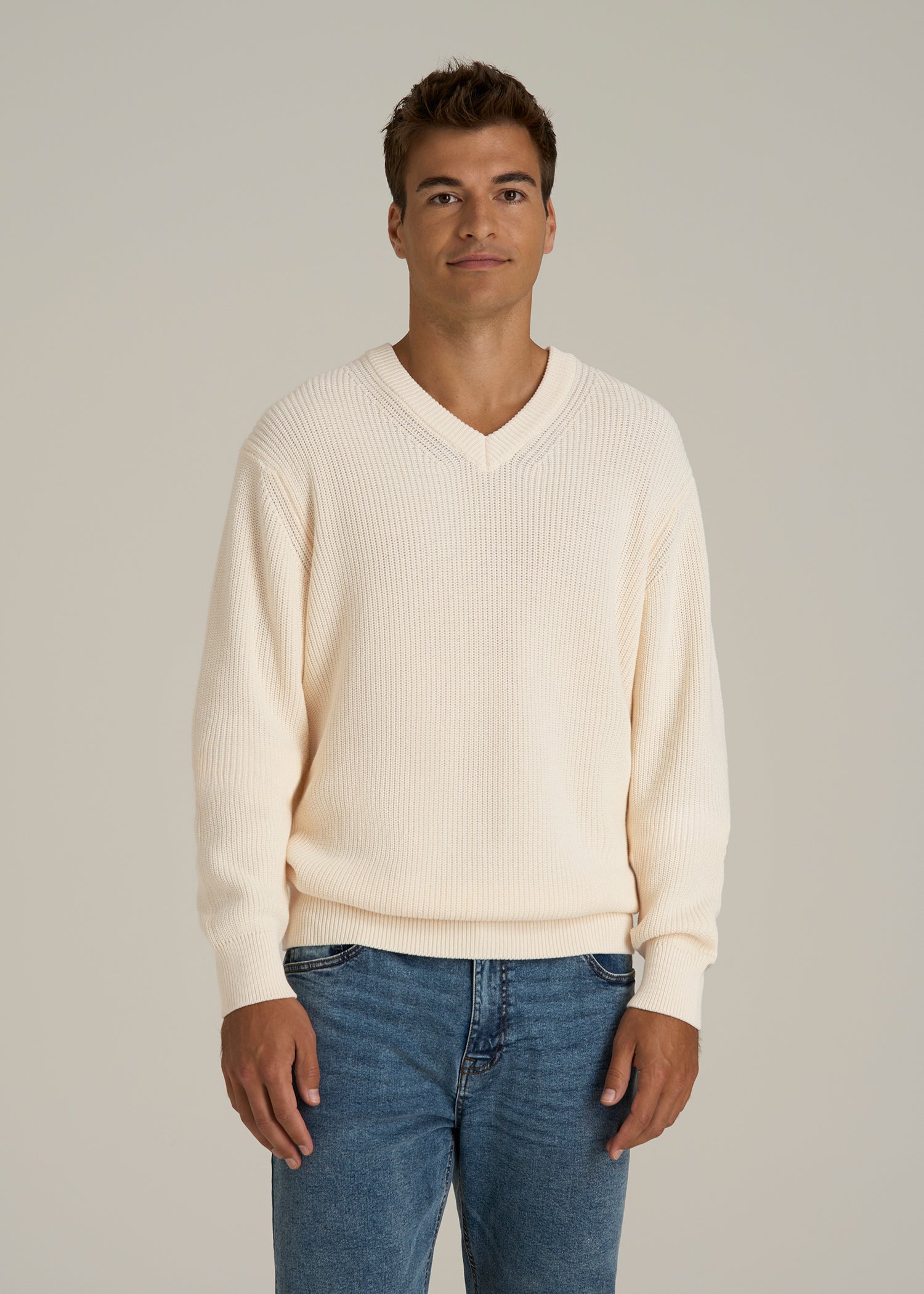 Ribbed Knit V-Neck Sweater for Tall Men in Natural