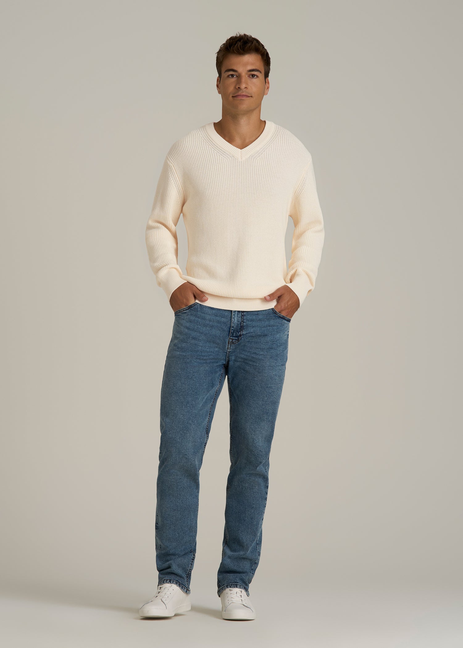 Ribbed Knit V-Neck Sweater for Tall Men in Natural