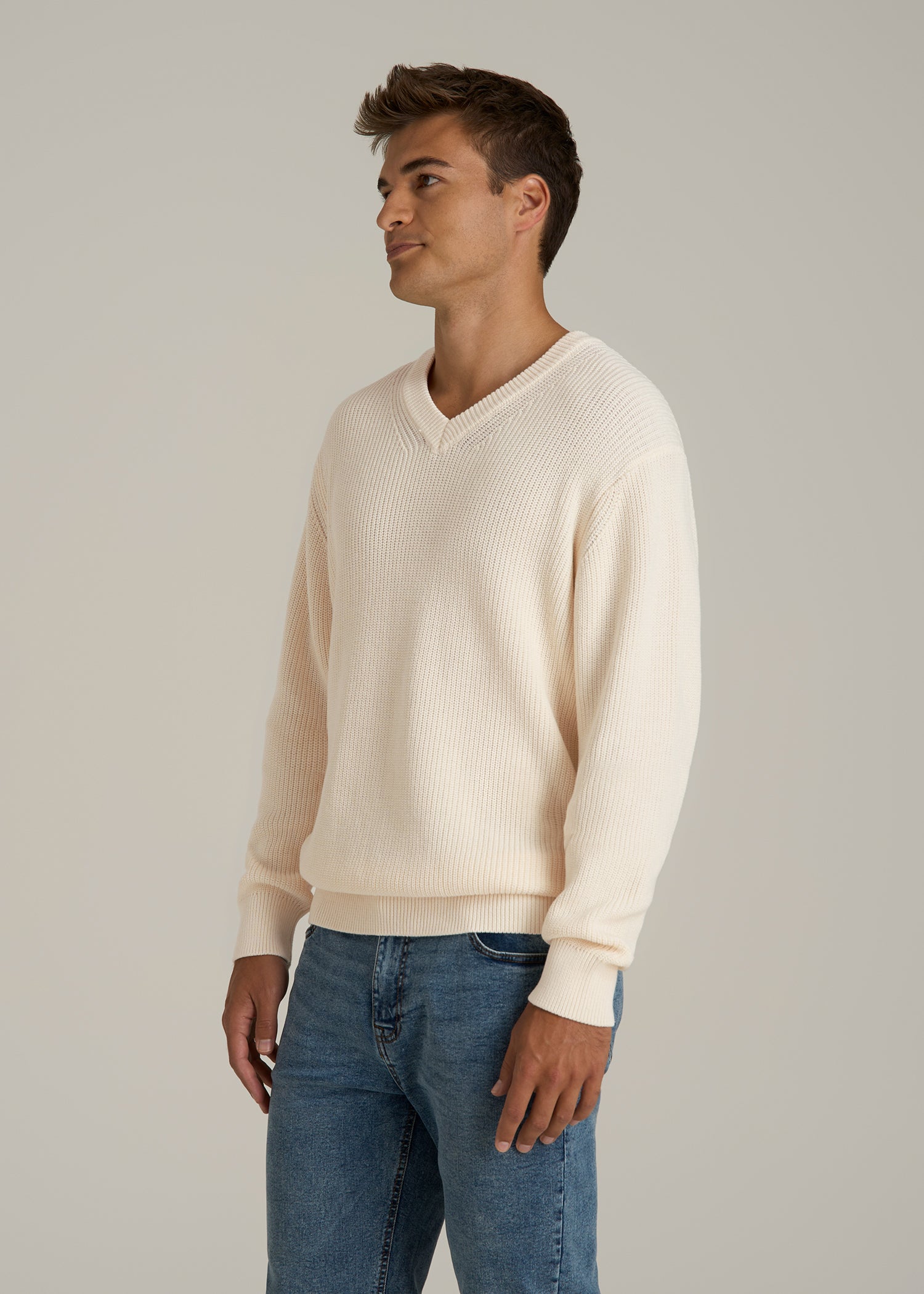 Ribbed Knit V-Neck Sweater for Tall Men in Natural