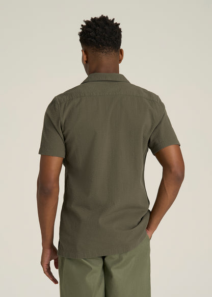 Seersucker Camp Collar Short Sleeve Shirt for Tall Men in Olive