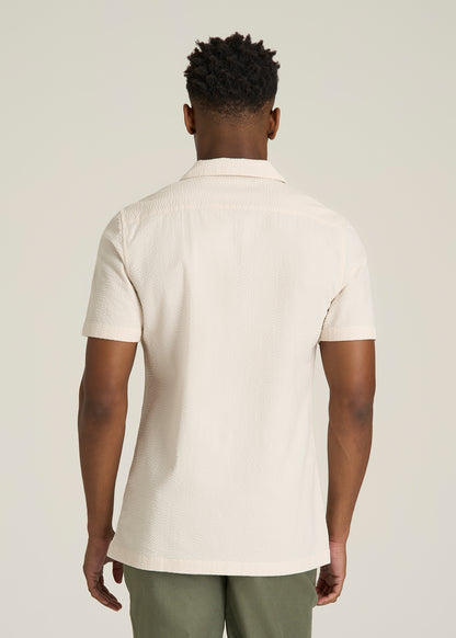 Seersucker Camp Collar Short Sleeve Shirt for Tall Men in White Sand