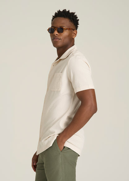 Seersucker Camp Collar Short Sleeve Shirt for Tall Men in White Sand