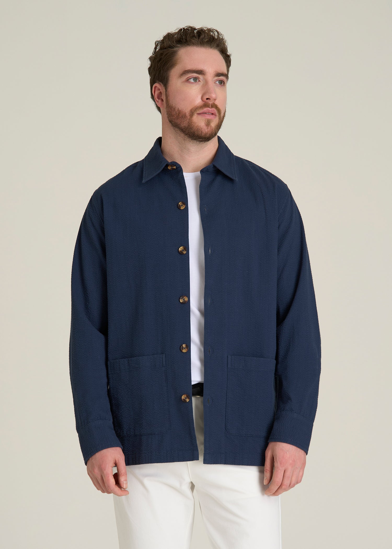 Seersucker Overshirt for Tall Men in Navy Blue