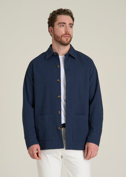 Seersucker Overshirt for Tall Men in Navy Blue
