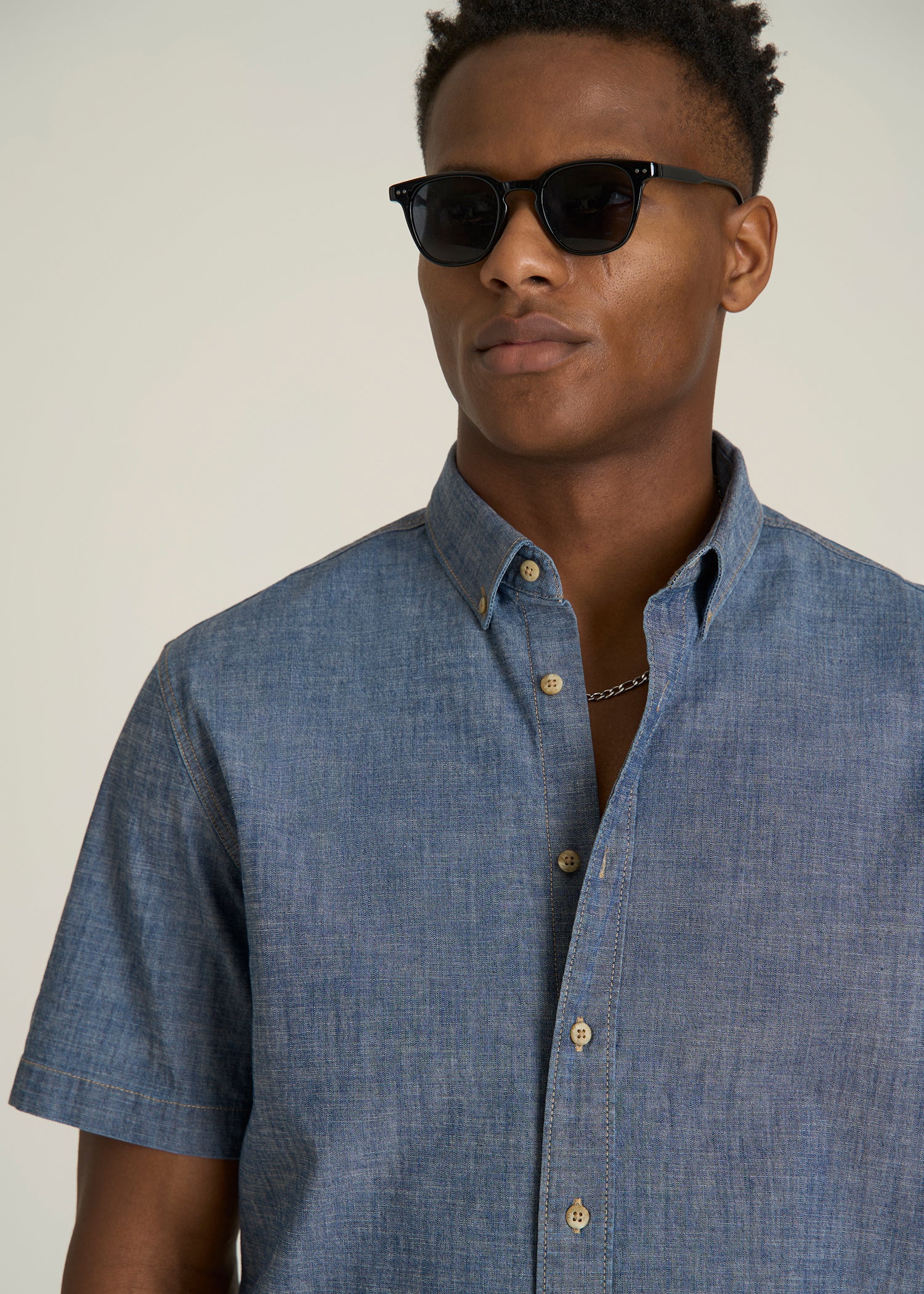 Short Sleeve Chambray Shirt for Tall Men in Mid Blue Chambray