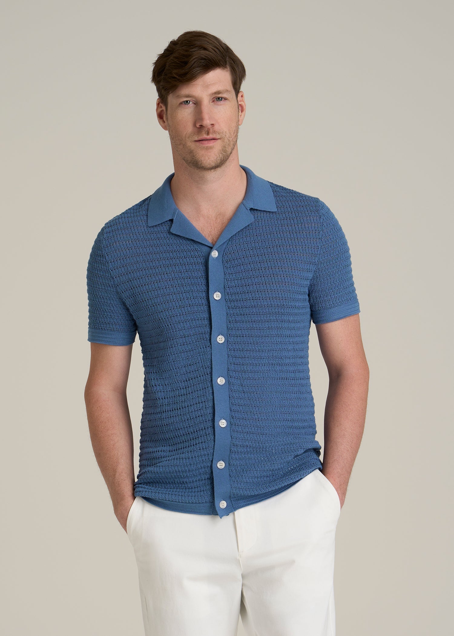 Short Sleeve Crochet Polo Cardigan for Tall Men in Deep Cobalt