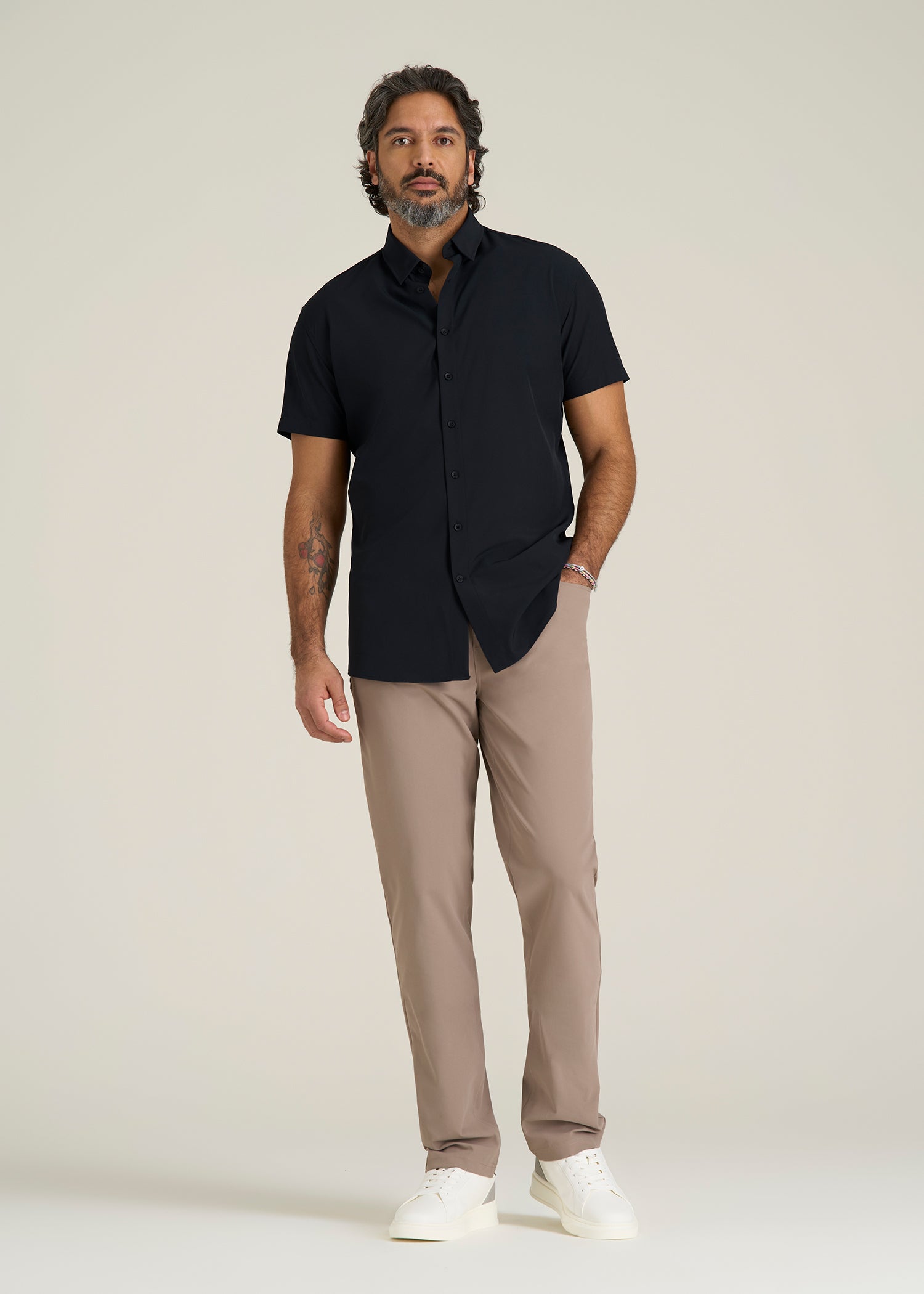 Short Sleeve Traveler Stretch Button Shirt for Tall Men in Black
