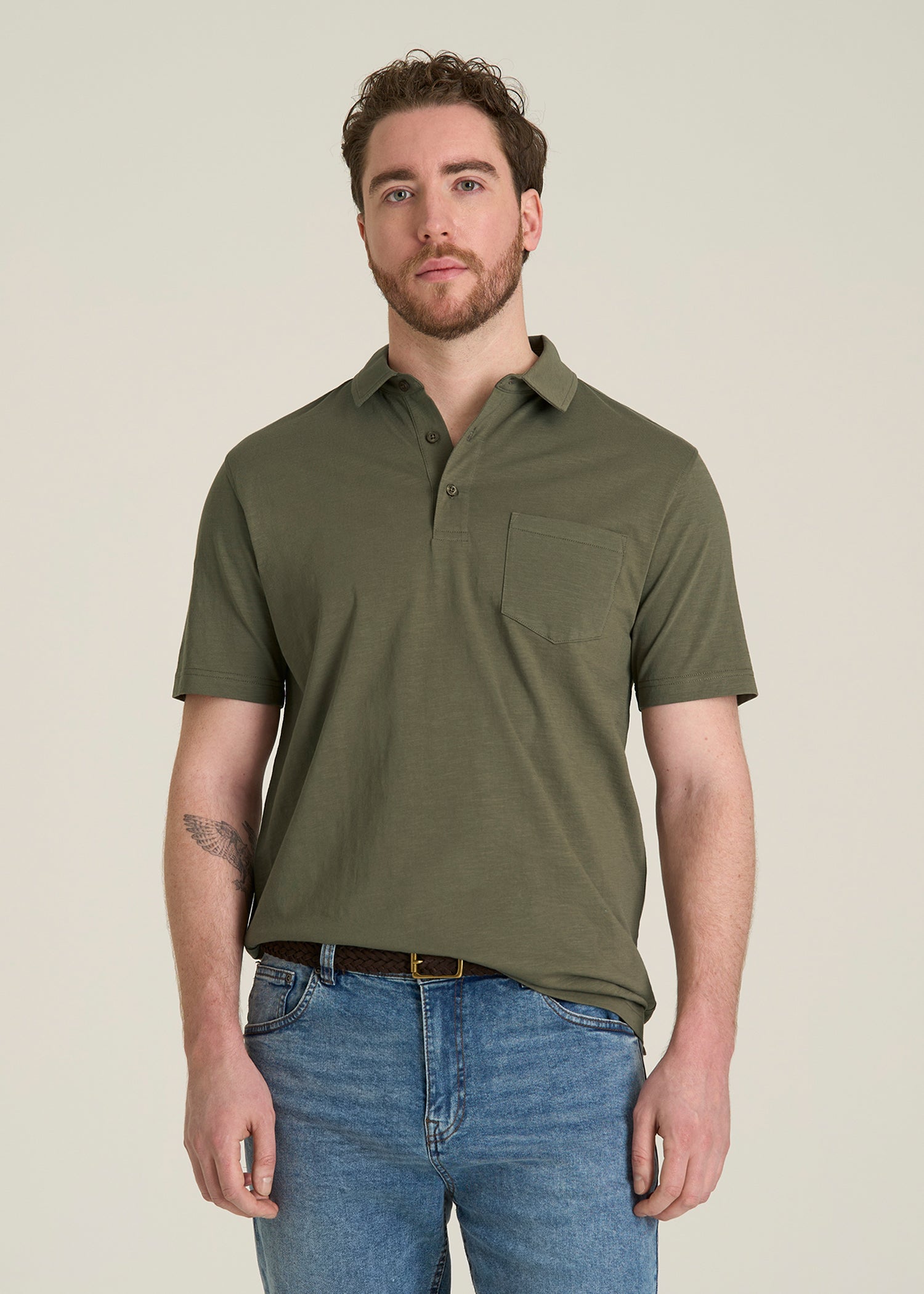 Slub Knit Polo with Pocket for Tall Men in Olive