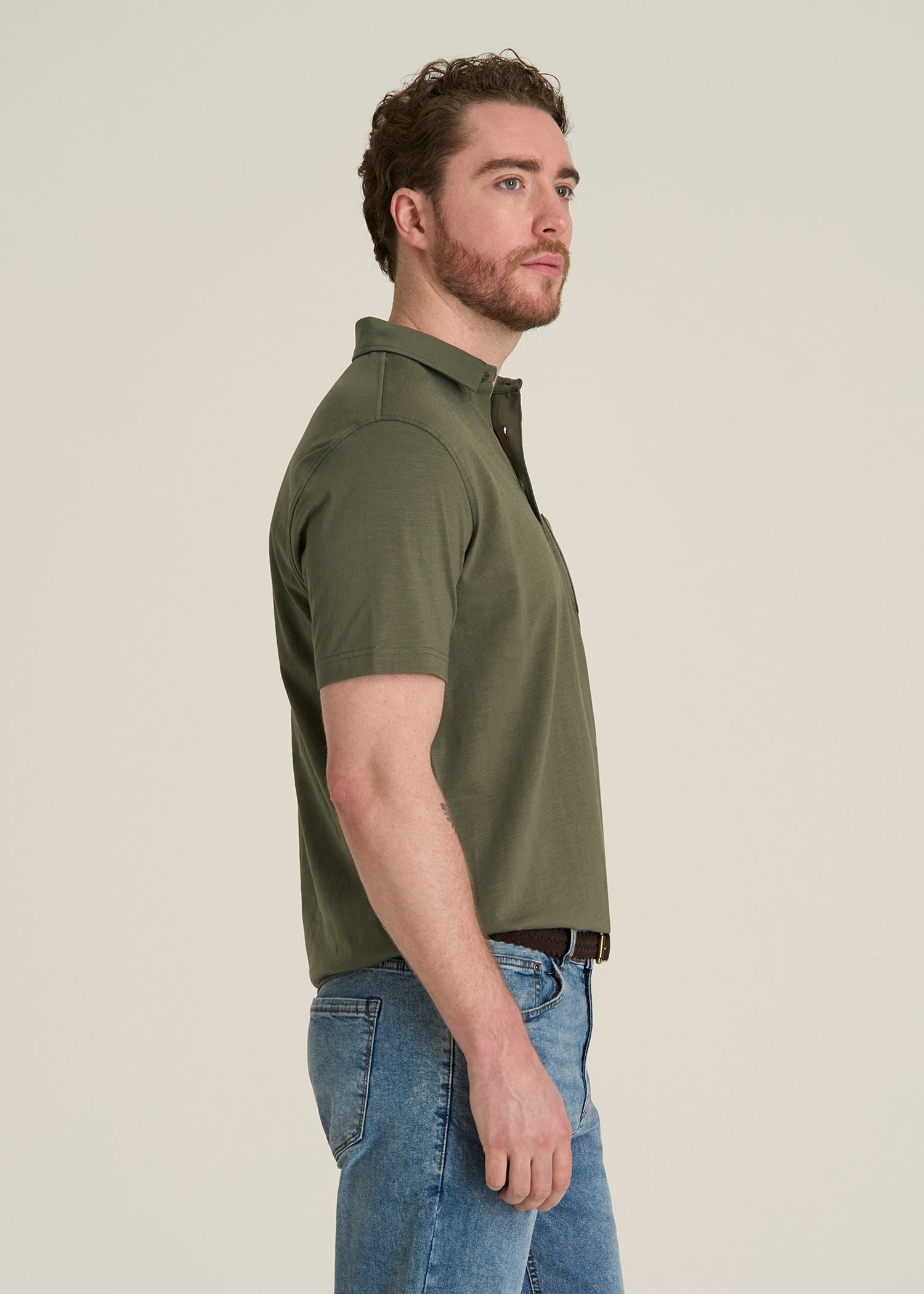 Slub Knit Polo with Pocket for Tall Men in Olive