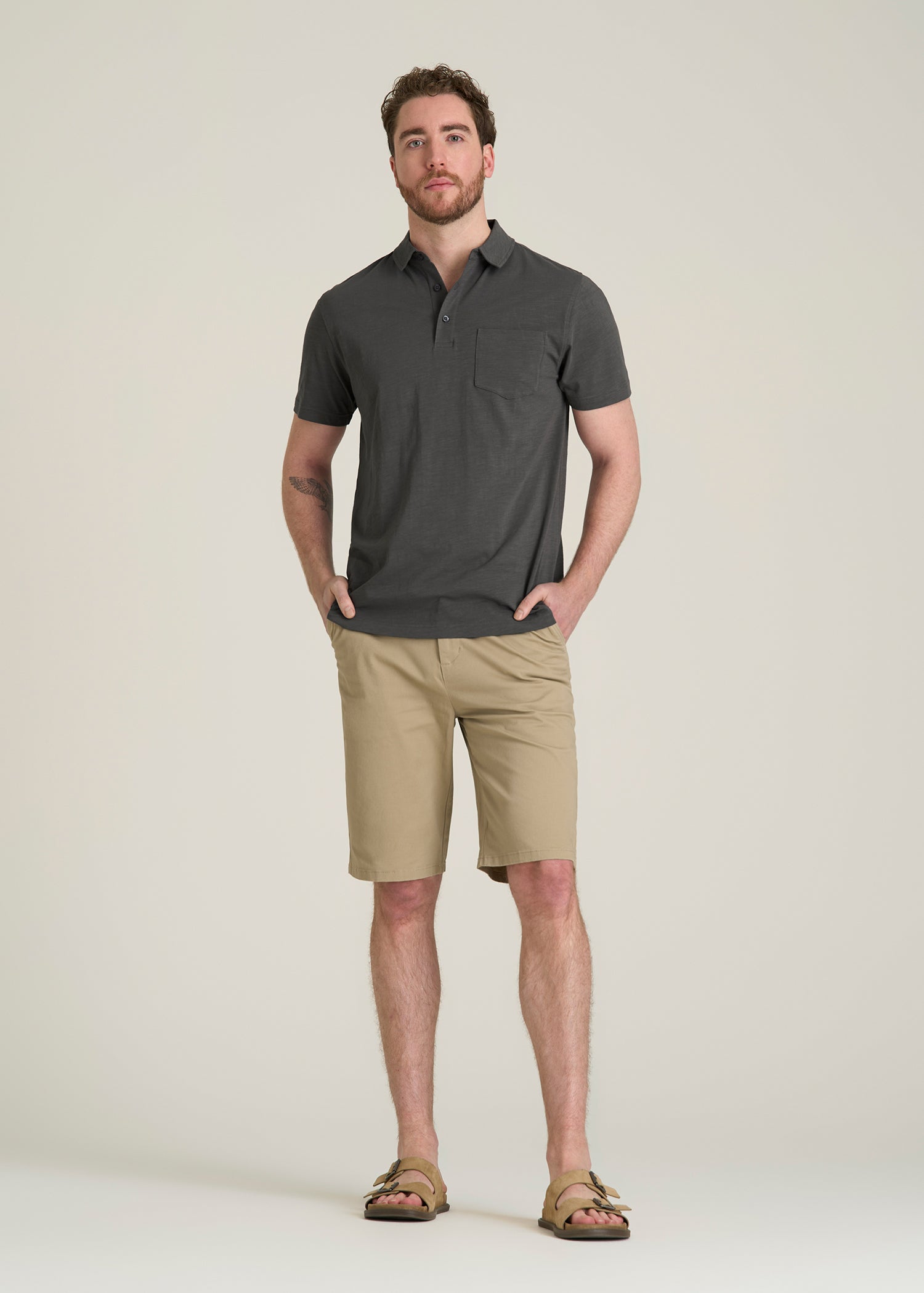Slub Knit Polo with Pocket for Tall Men in Steel Grey