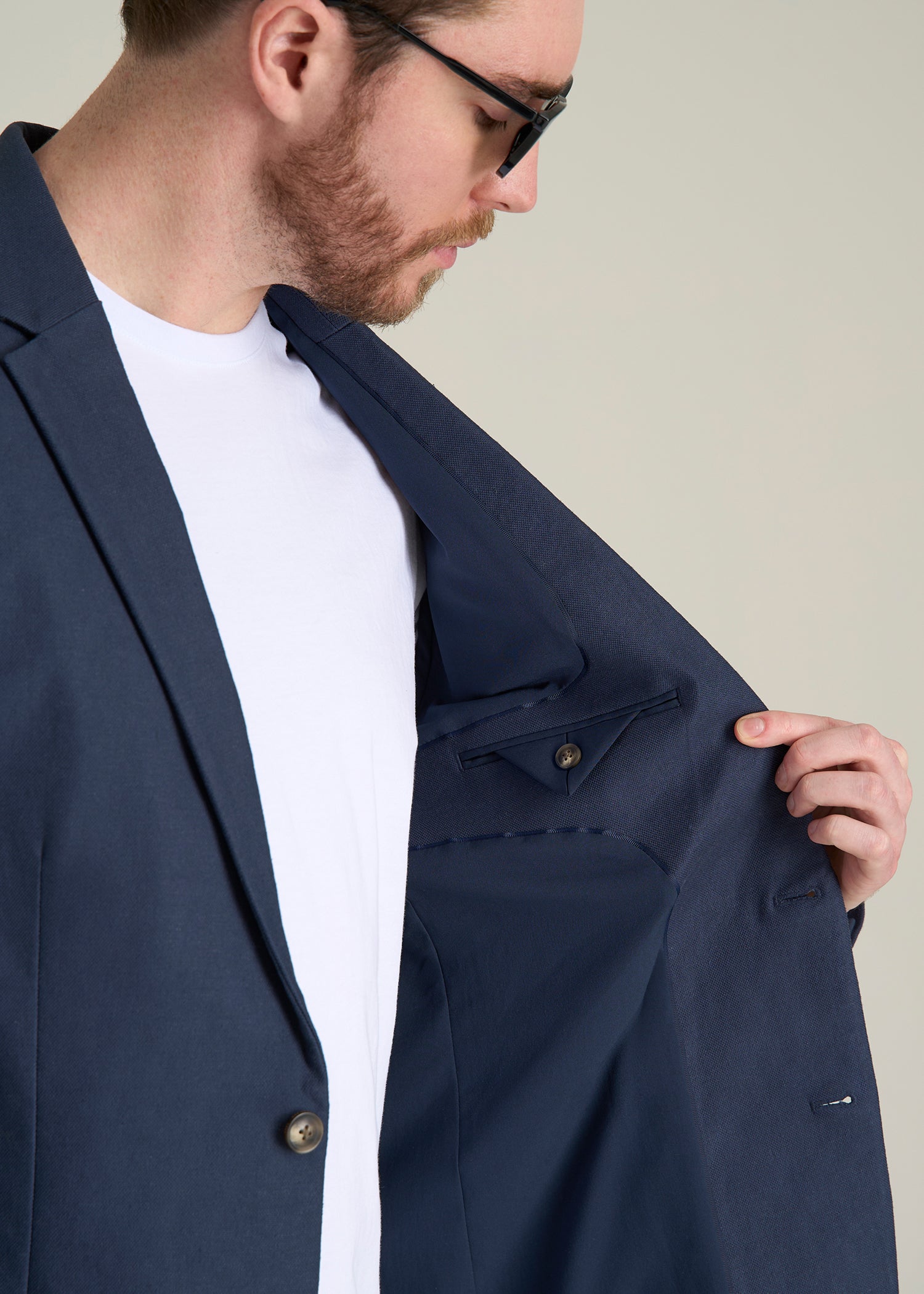 Stretch Cotton Linen Blend Blazer for Tall Men in Navy Blue