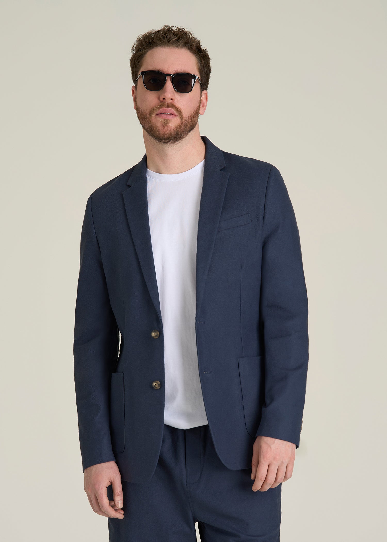 Stretch Cotton Linen Blend Blazer for Tall Men in Navy Blue