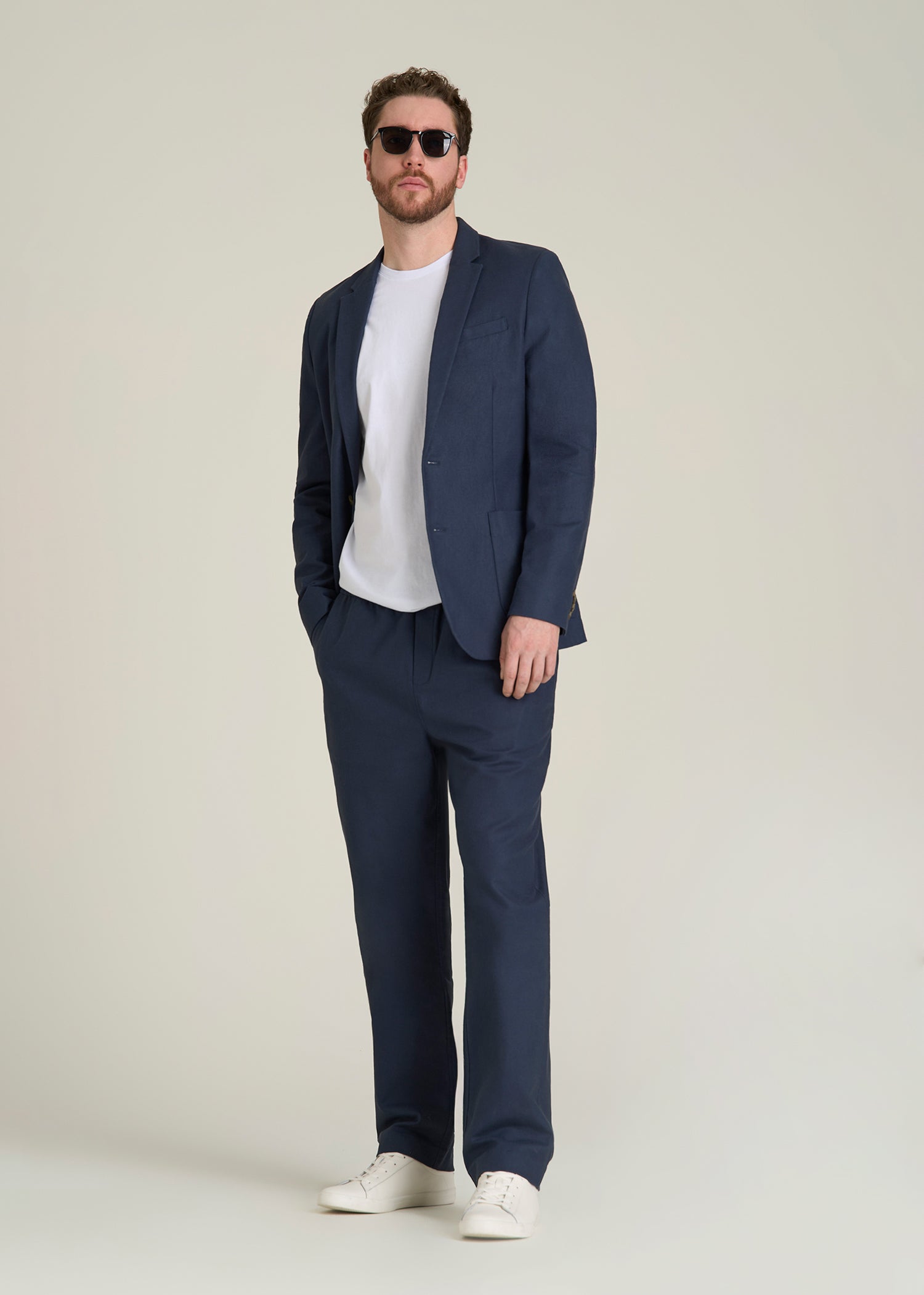 Stretch Cotton Linen Blend Blazer for Tall Men in Navy Blue