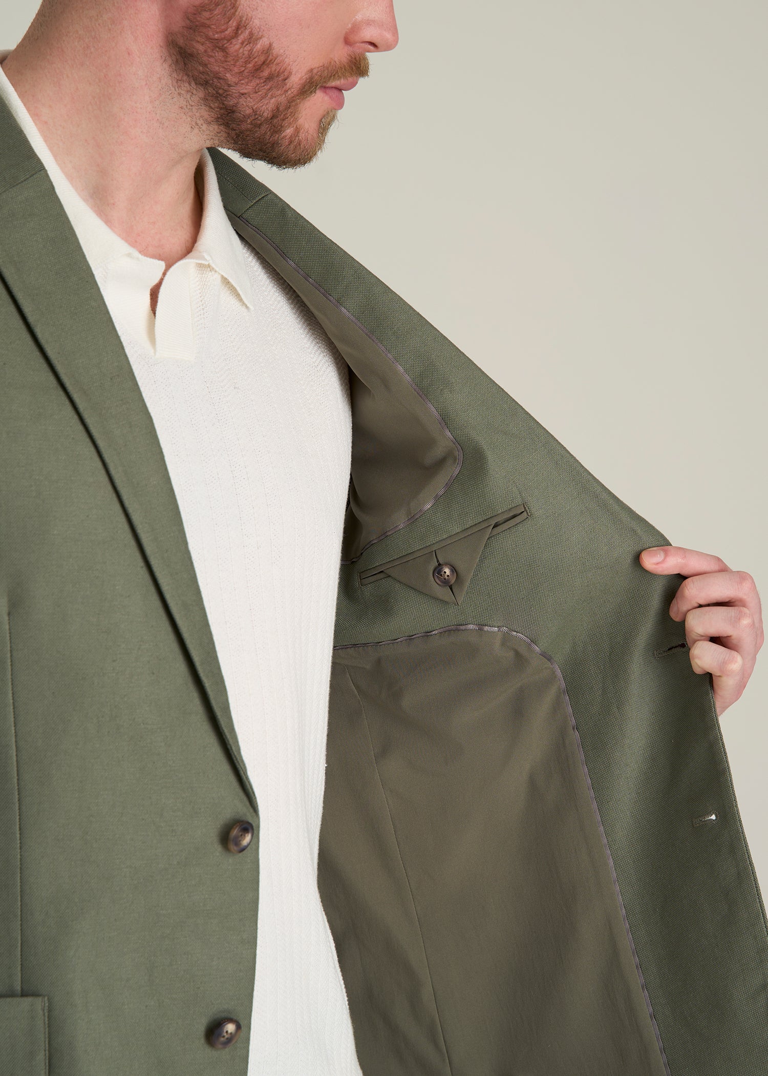 Stretch Cotton Linen Blend Blazer for Tall Men in Olive